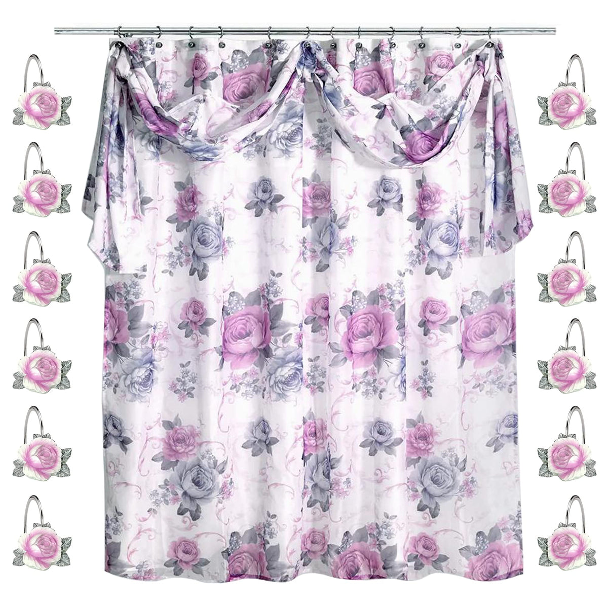 Zahari Home 13Pc Michelle Bathroom Shower Curtain Sets Shower Curtain & 12 Shower Bathroom Hooks Modern Classic Luxury Contempor