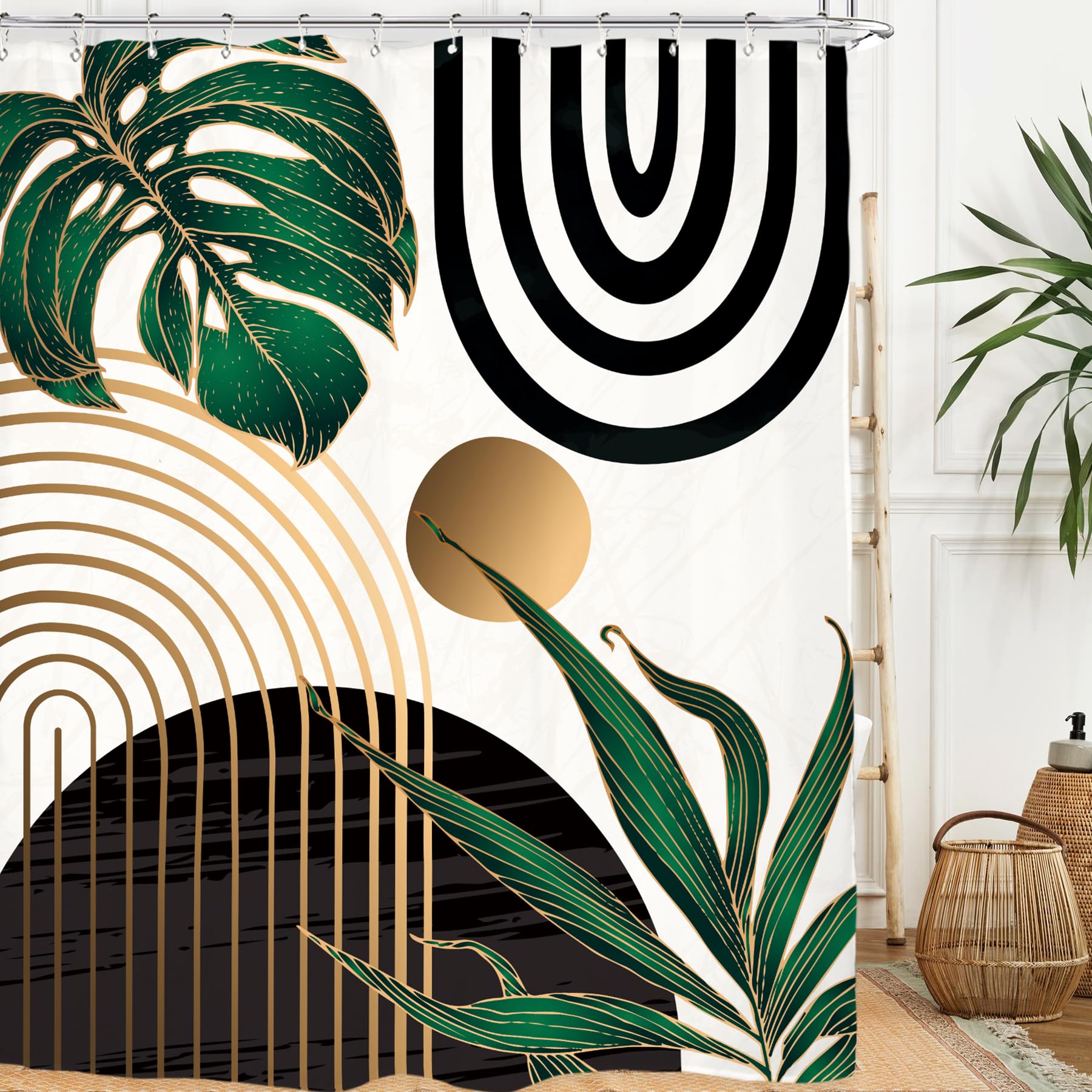 Miyotaa Abstract Emerald Green Shower Curtain Set 71Wx84H Inches Extra Long Minimalist Modern Tropical Leaves Geometric Contempo