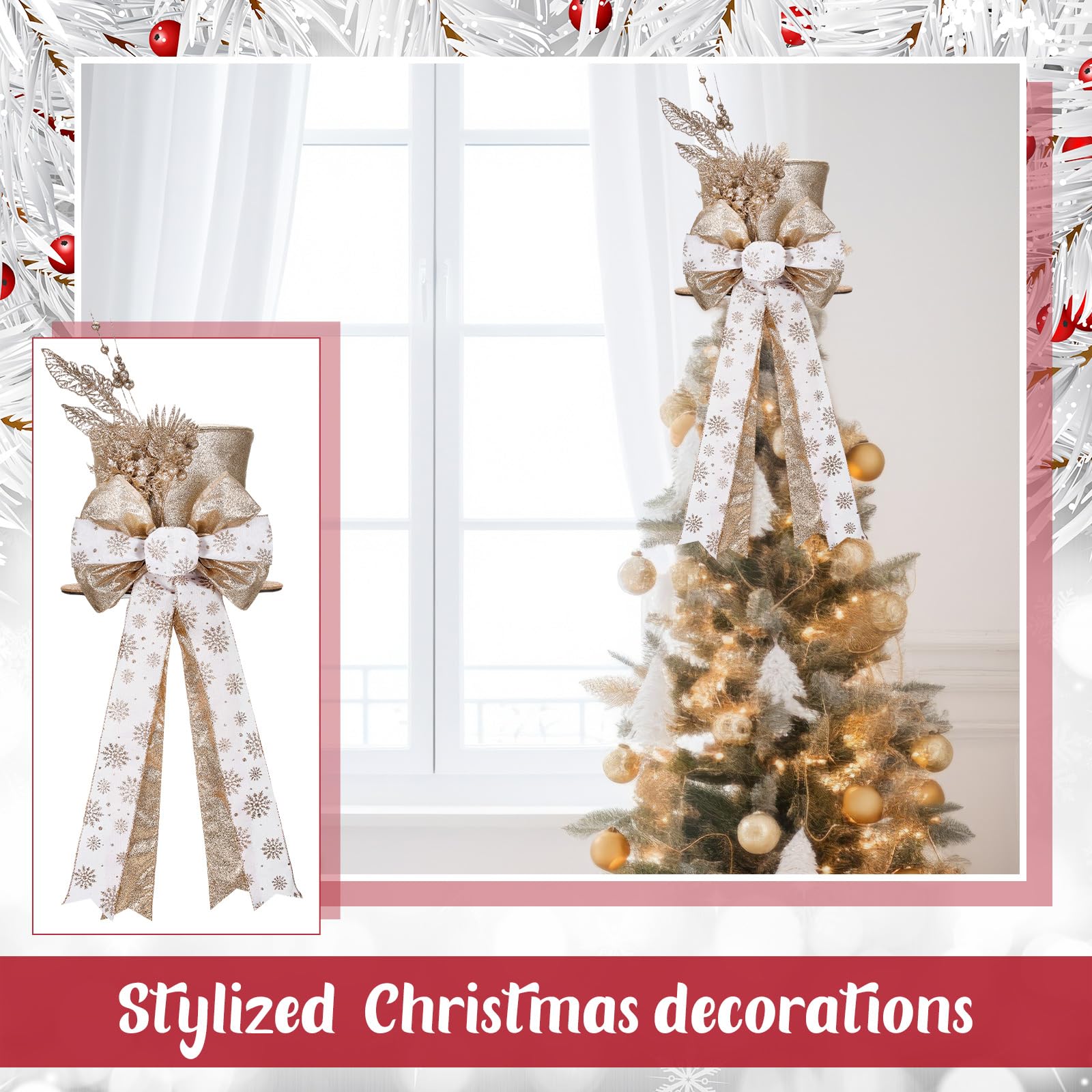 Poen Christmas Tree Topper Hat Shiny Sequins Top Hat with Bow Lengthened Ribbon Tree Topper Santa Christmas Decorations for Xmas