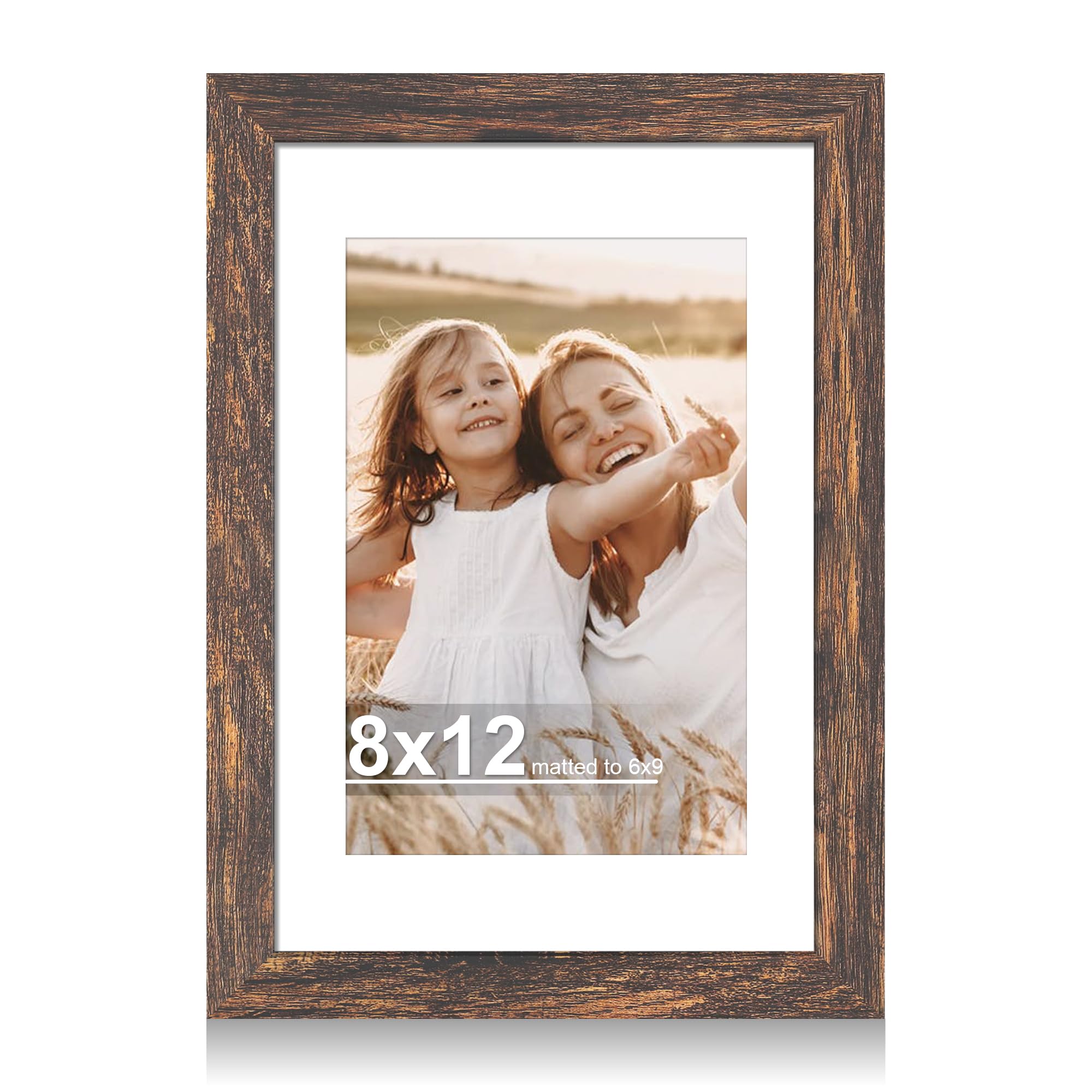 Hongkee 8x12 Picture Frame with Glass, Display Pictures 6x9 with Mat or 8 x 12 without Mat - Wall and Tabletop, 8 by 12 Photo Wo
