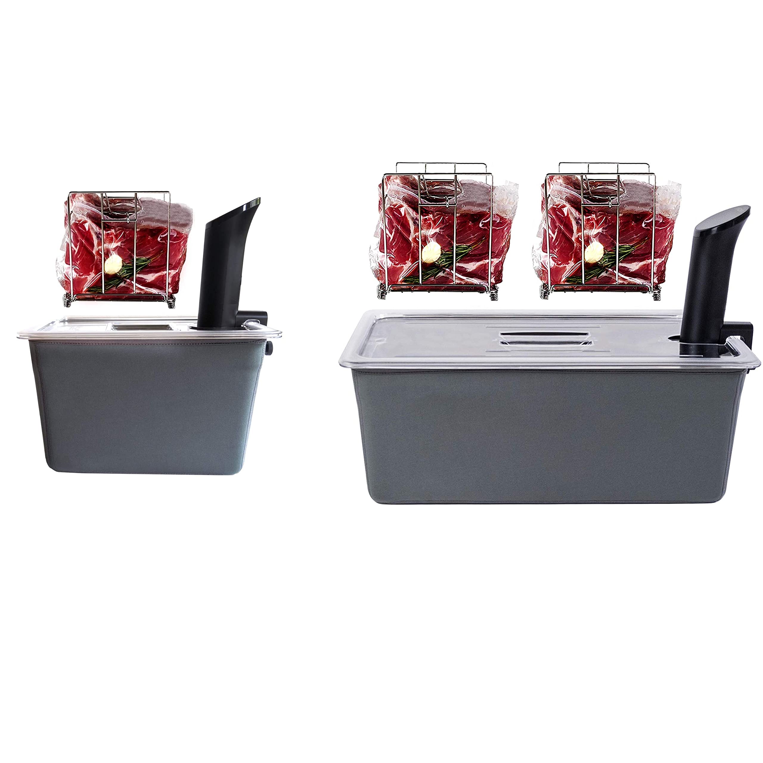 Veske 12 + 26 QT Sous Vide Container Set with Racks, Lids & Insulating Sleeves - Complete Dual-Size Sous Vide Accessories Kit - 