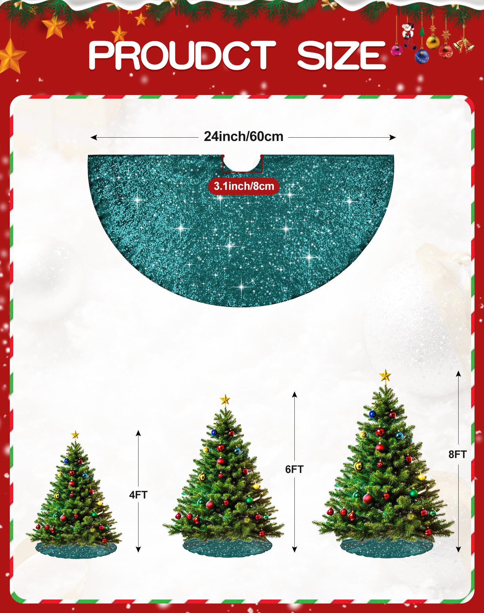 SquarePie Christmas Sequin Tree Skirt Glitter Halloween Decoration 24 Inch Teal Thick Satin Backing