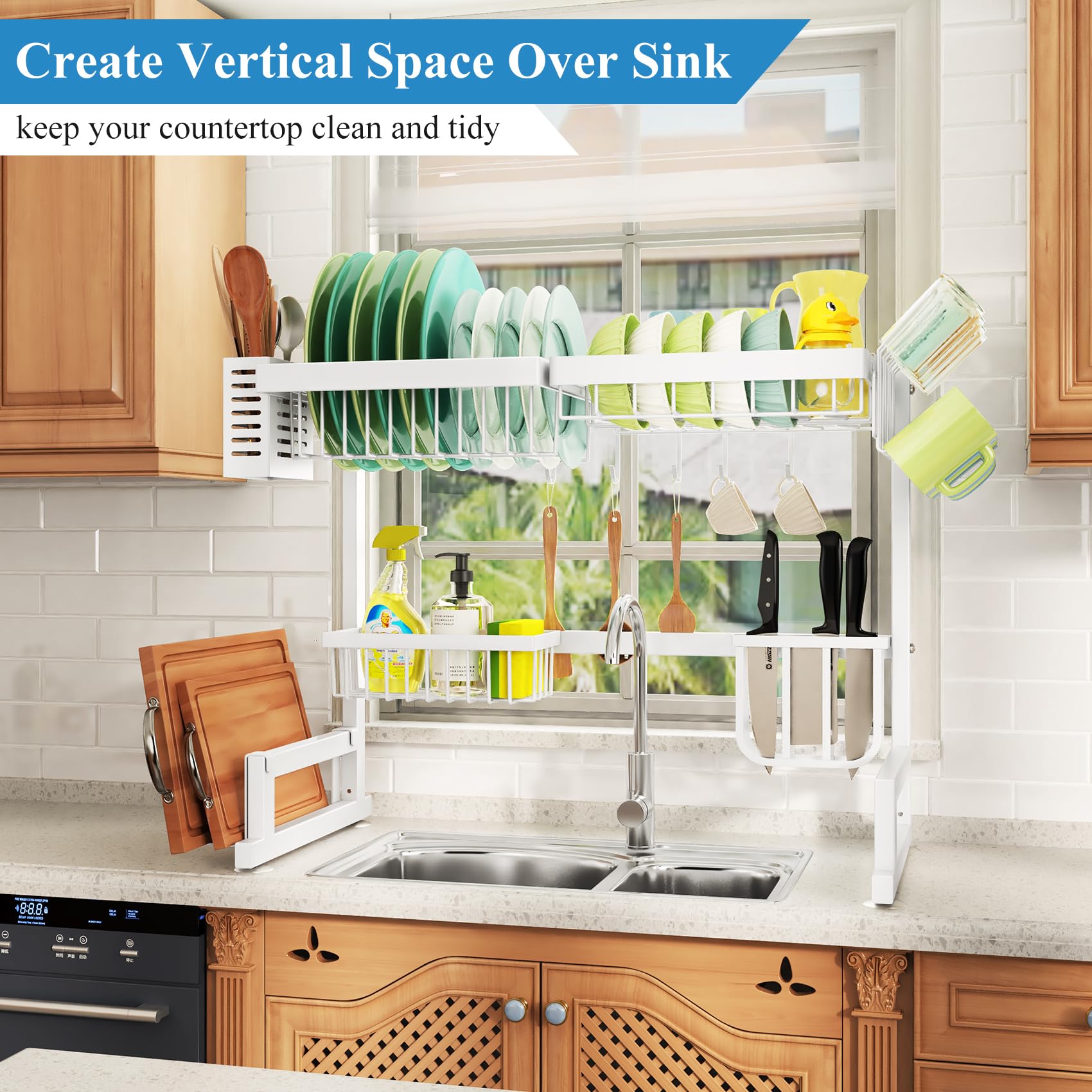 Over The Sink Dish Drying Rack, Adjustable (26.8'' To 34.6'') Large Dish Drainer Drying Rack For Kitchen Counter With Multiple B