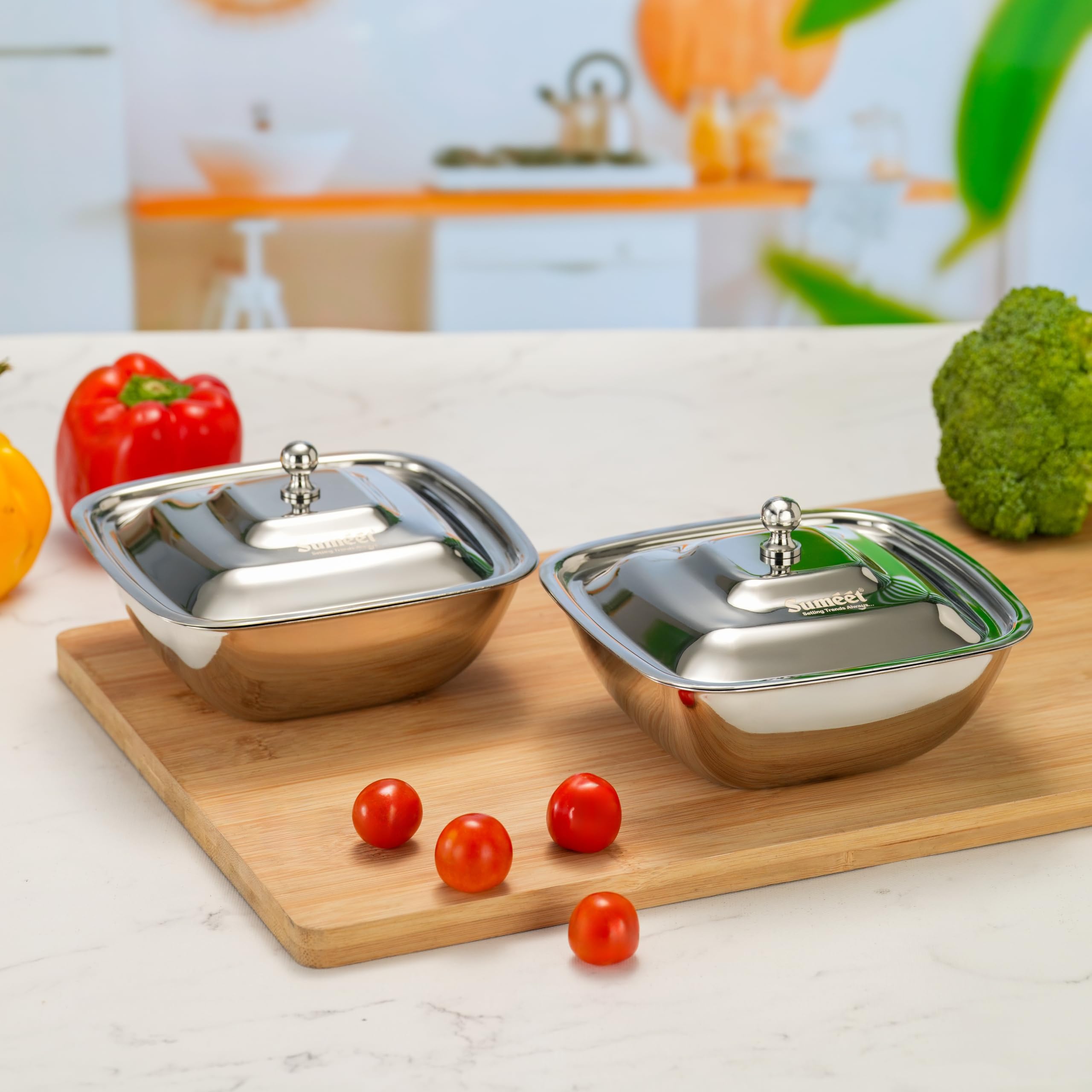 Sumeet Stainless Steel Square Serving Bowl Curry Bowl Gravy Pot with lid  900ml capacity  17cm Dia  Set of 2 Pcs  Silver