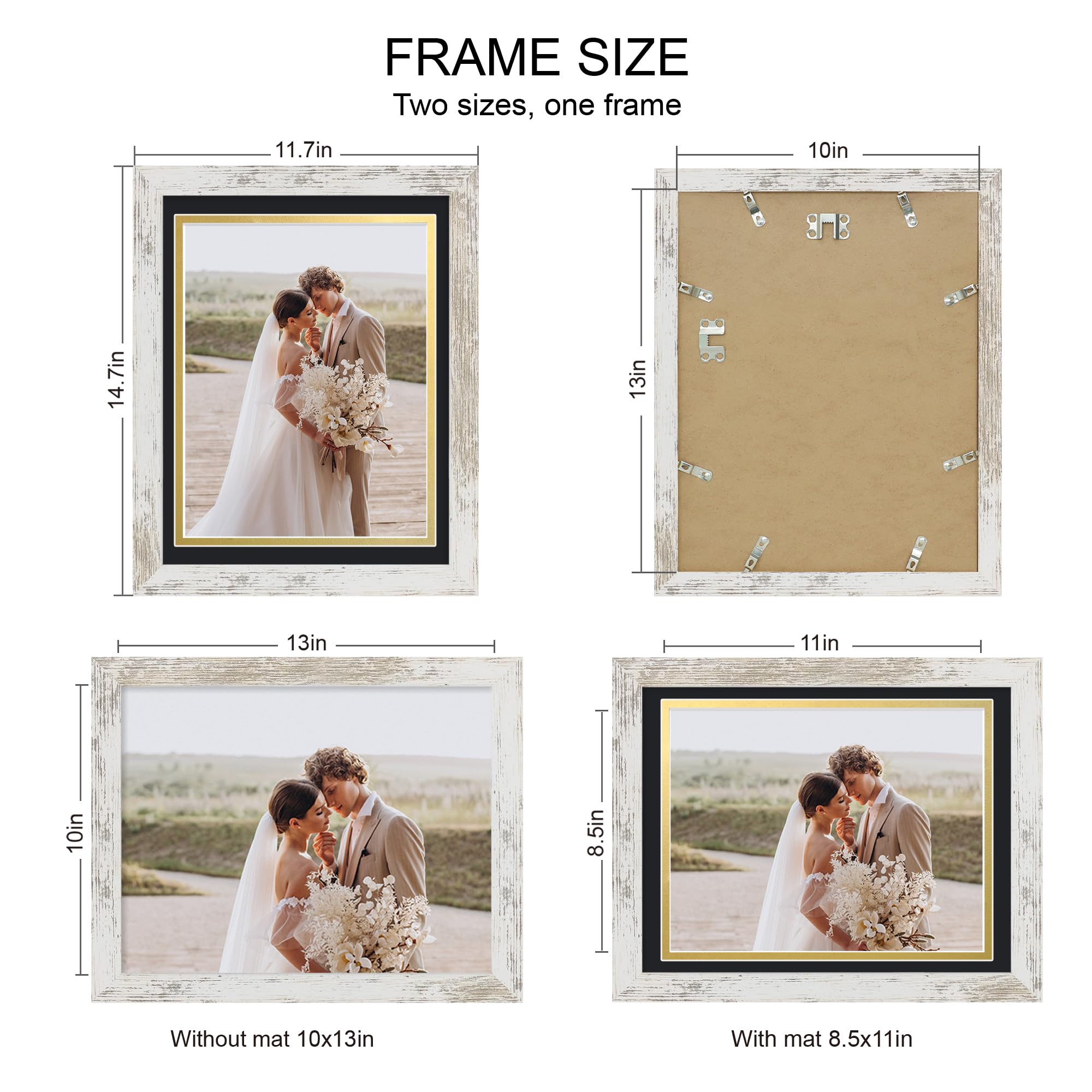 Hongkee 10x13 Picture Frame Set of 4, Made of Real Glass and Distressed White Frame, 10 by 13 Photo for Wall or Tabletop - Displ