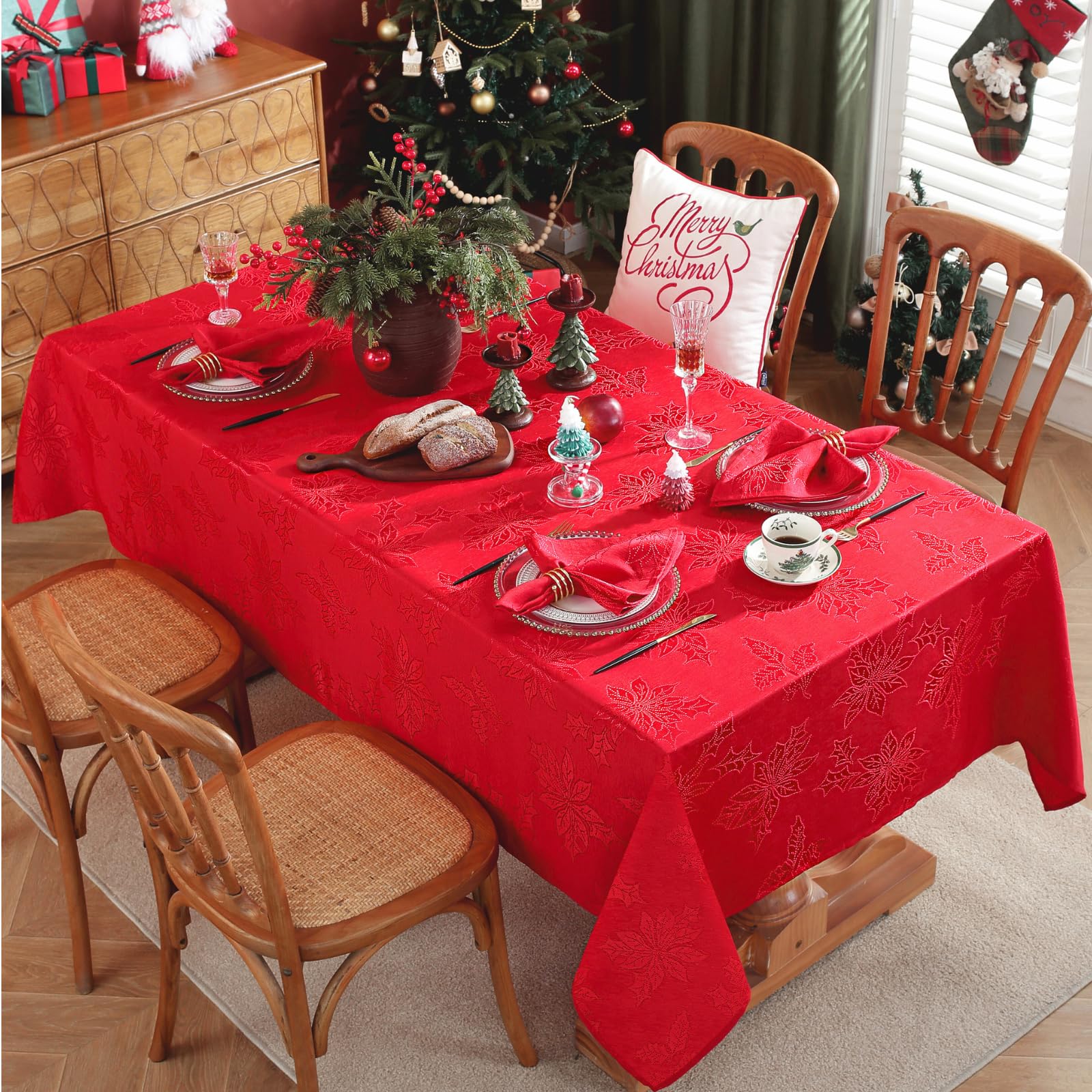 Honellaty Christmas Poinsettia Tablecloth Rectangle, 60 X 102 Inch Jacquard Washable Polyester Durable Spillproof Anti-Wrinkle D
