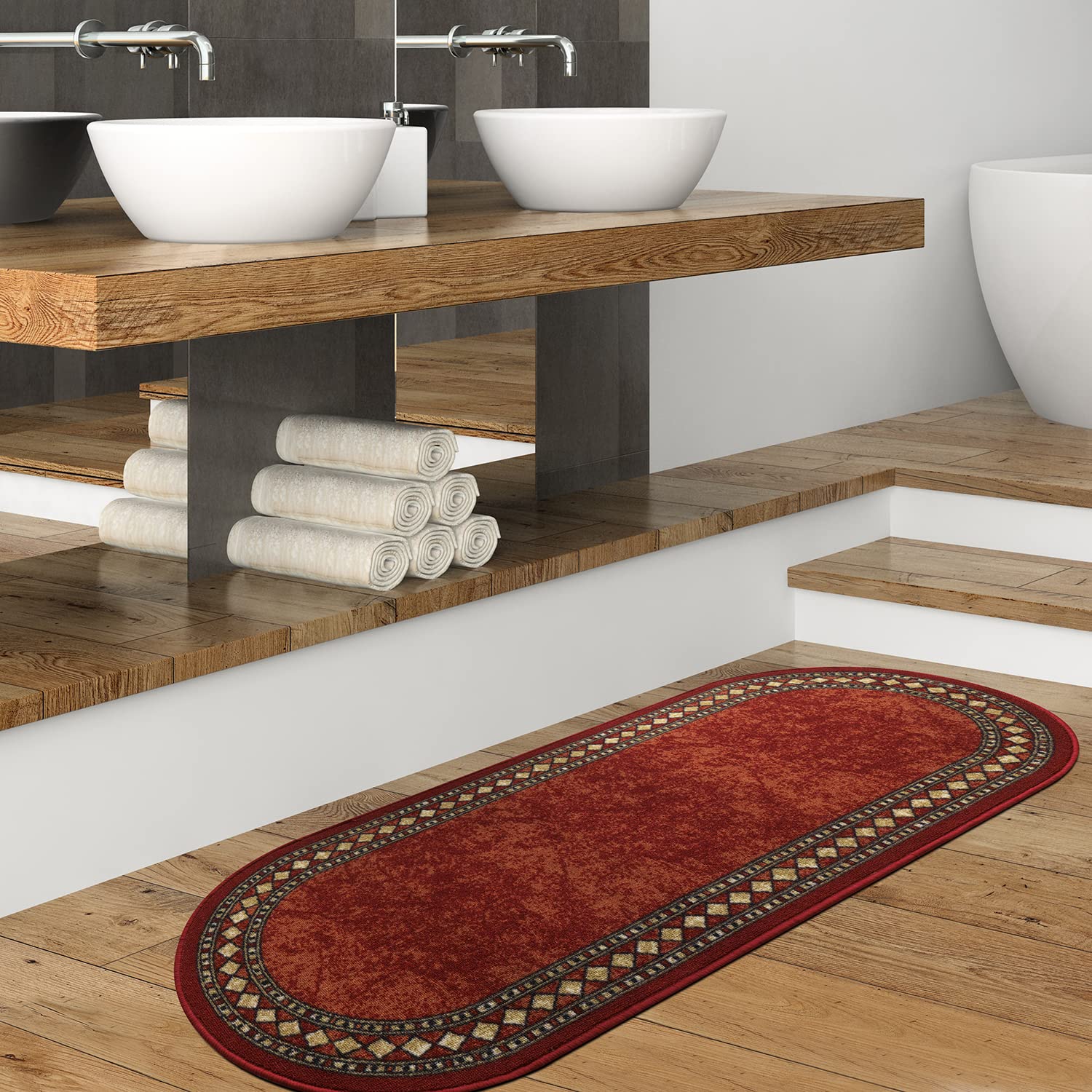 Antep Rugs Alfombras Modern Bordered 2x5 Non-Skid (Non-Slip) Low Profile Pile Rubber Backing Kitchen Area Rugs (Maroon Beige, 2