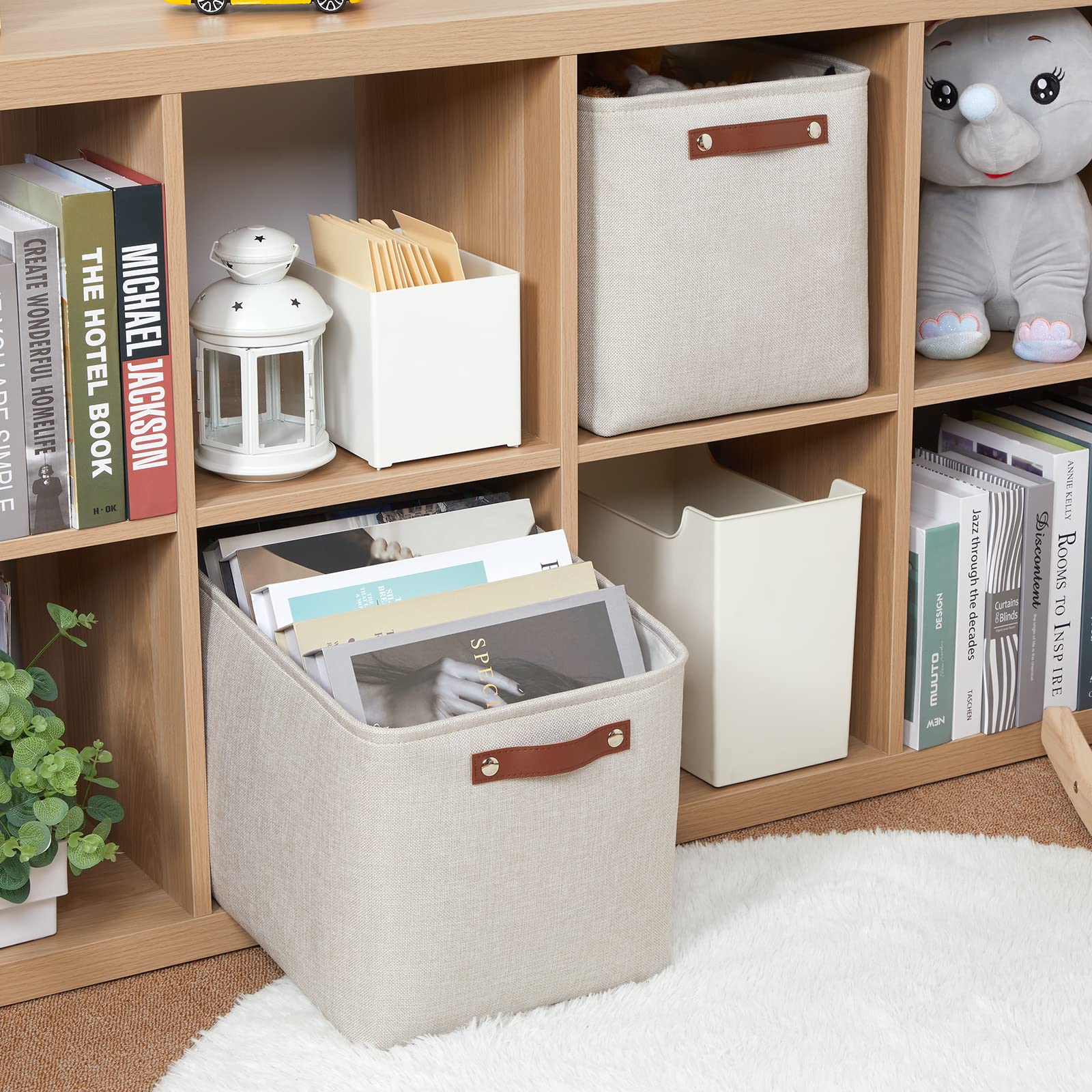 Hnzige Large Canvas Baskets 16 ''  11.8 ''  11.8 '' Decorative Storage Bins With Leather Handles (2 Pack) Collapsible Rectangle