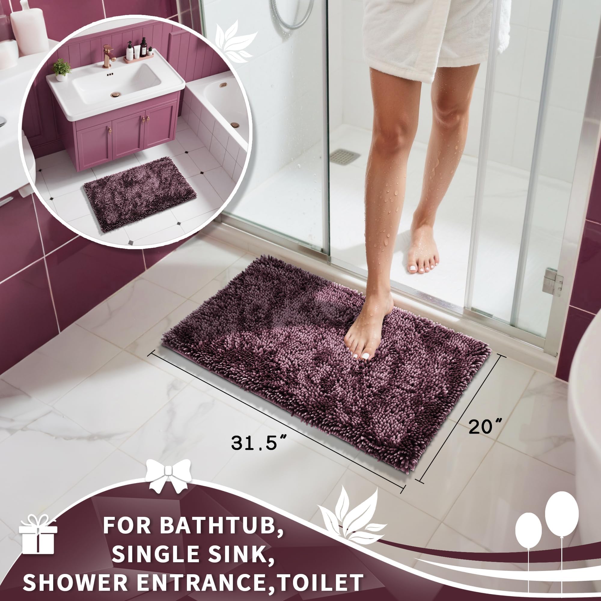 Yimobra Chenille Non-Slip Bathroom Rug  Shag Mat  Machine Washable Bath Mats with Water Absorbent  Soft  Bath Rugs Mats  31.5 x 19.8 Inches  Gary Purple