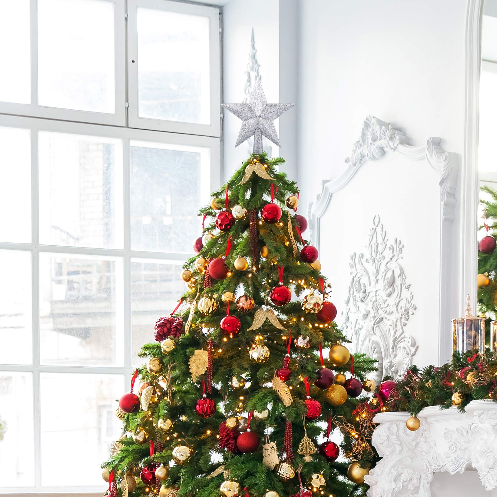 Livder 8 Inches Christmas Tree Top Crown Glitter Star Decoration (Silvery)