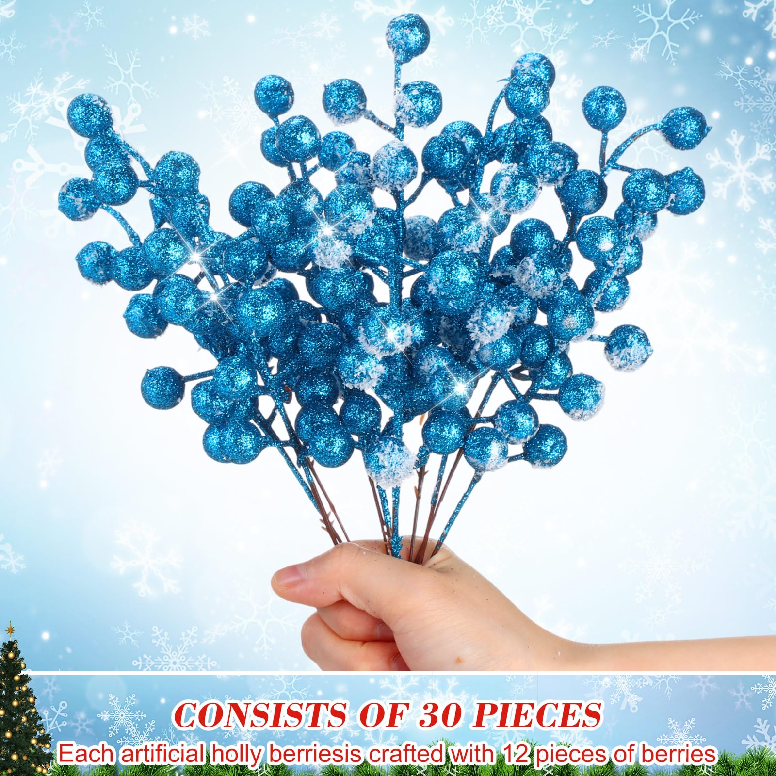 Geosar 30 Pieces Artificial Christmas Berry Picks with Snowflake Glitter Artificial Holly Berry Stems for Christmas Tree Ornamen