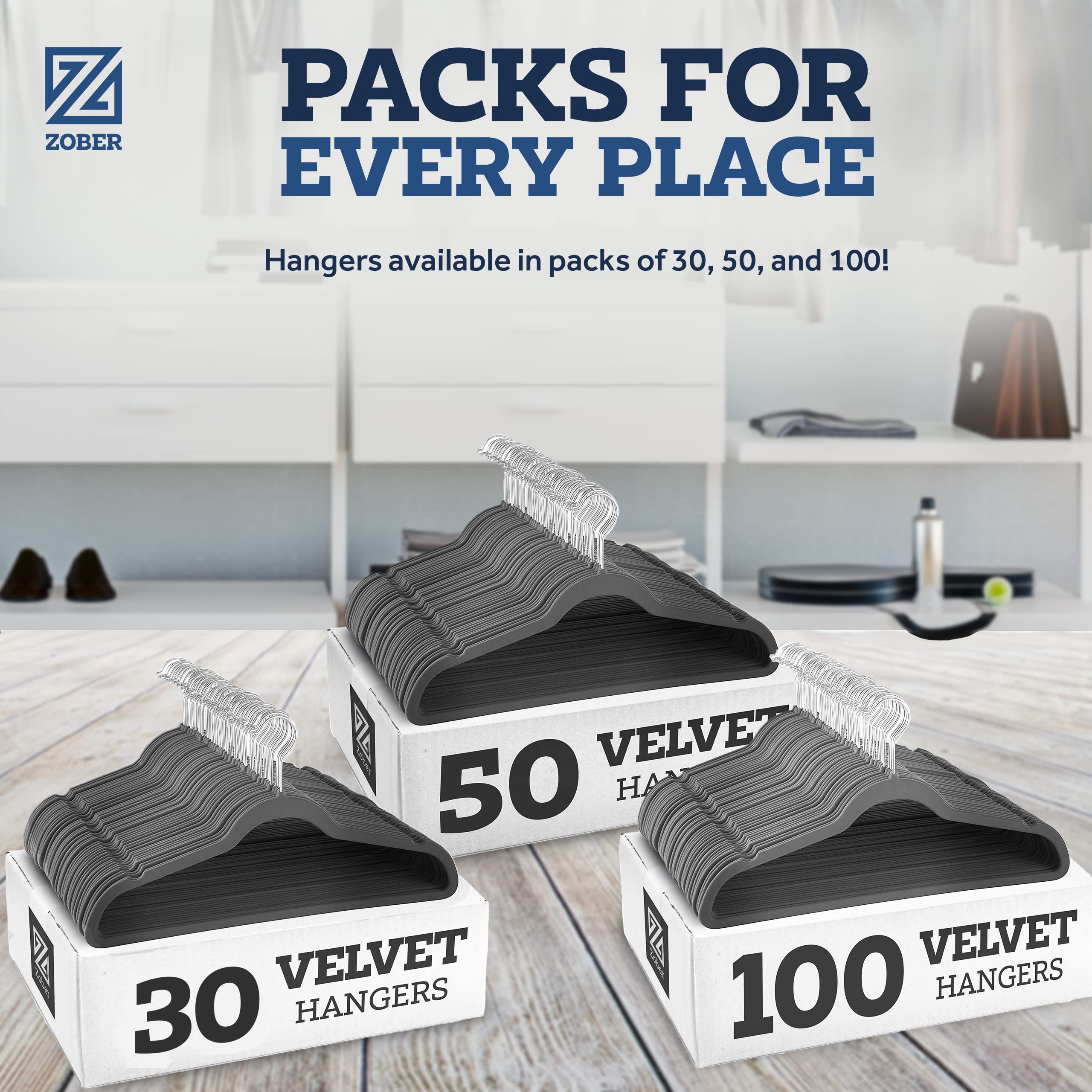 Zober Velvet Hangers 50 Pack - Heavy Duty gray Hangers for coats  Pants & Dress clothes - Non Slip clothes Hanger Set - Space Saving Felt Hangers for clothing