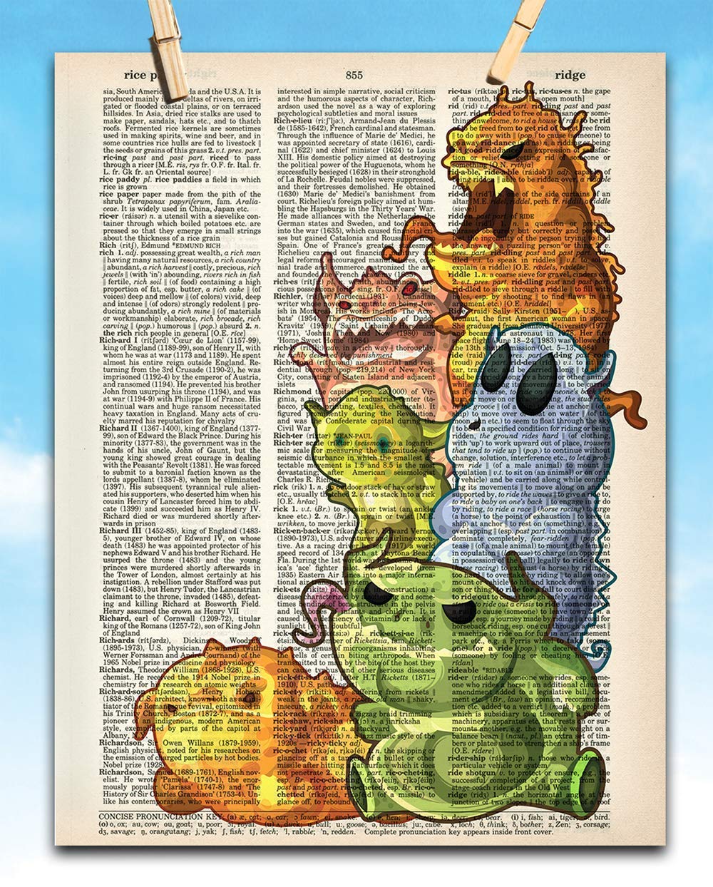 Upcycled Dictionary Art - Freaky Monsters Illustration - Great Home Decor Gift, Halloween Decorations, Kids Room Wall Art, Vinta