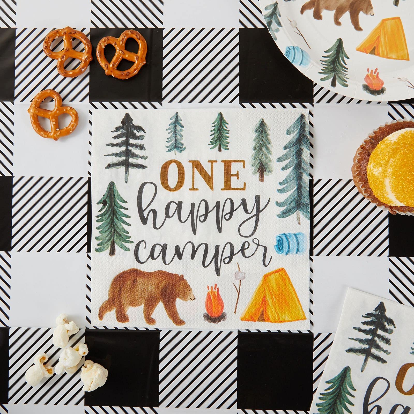 Blue Panda Camping Napkins For 1St Birthday Party Supplies, One Happy Camper (6.5 In, 100 Pack)