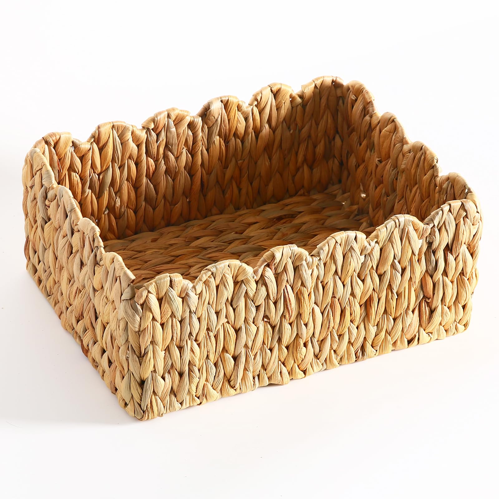 Scalloped Edge Basket, Wicker Storage Baskets, Hand Woven Baskets For Shelves,Natural Baskets For Organizing (Water Hyacinth(S+M