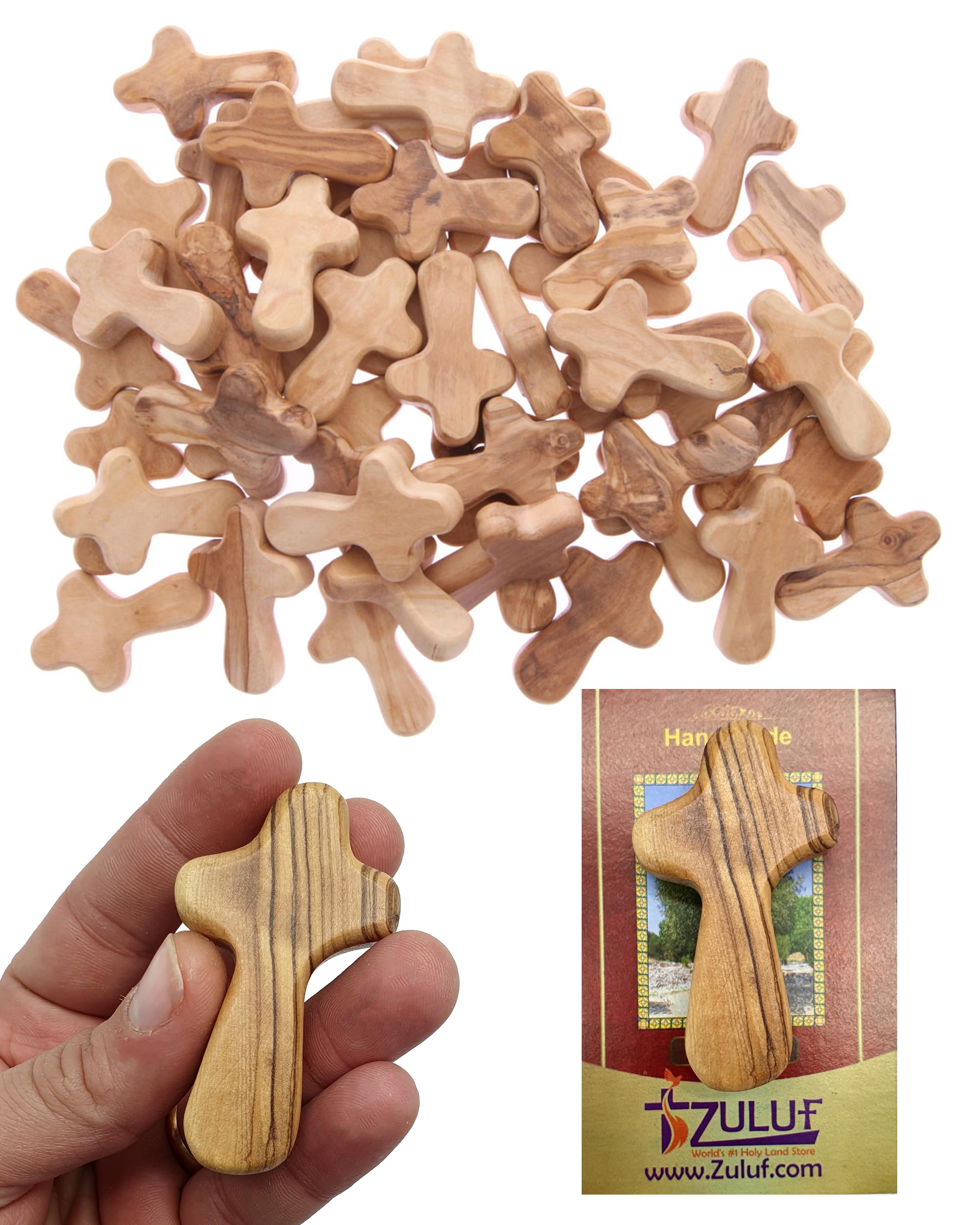 Zuluf 50 Small Olive Wood Hand Crosses Bethlehem Factory | Wooden Meditation Handheld Olive Wood Crosses From Bethlehem Israel |