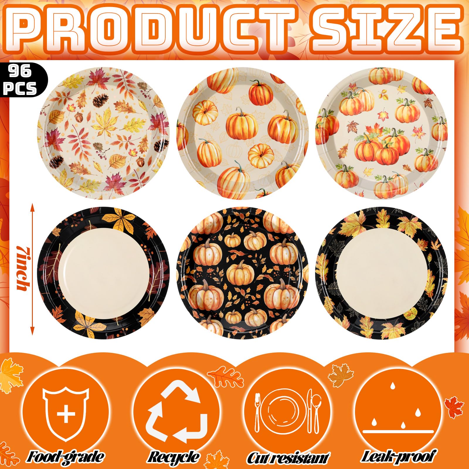 Fourluoo 96 Pcs Thanksgiving Fall Paper Plates Disposable 7 Inch Maple Leaf Pumpkin Style Plates for Autumn Thanksgiving Day Par
