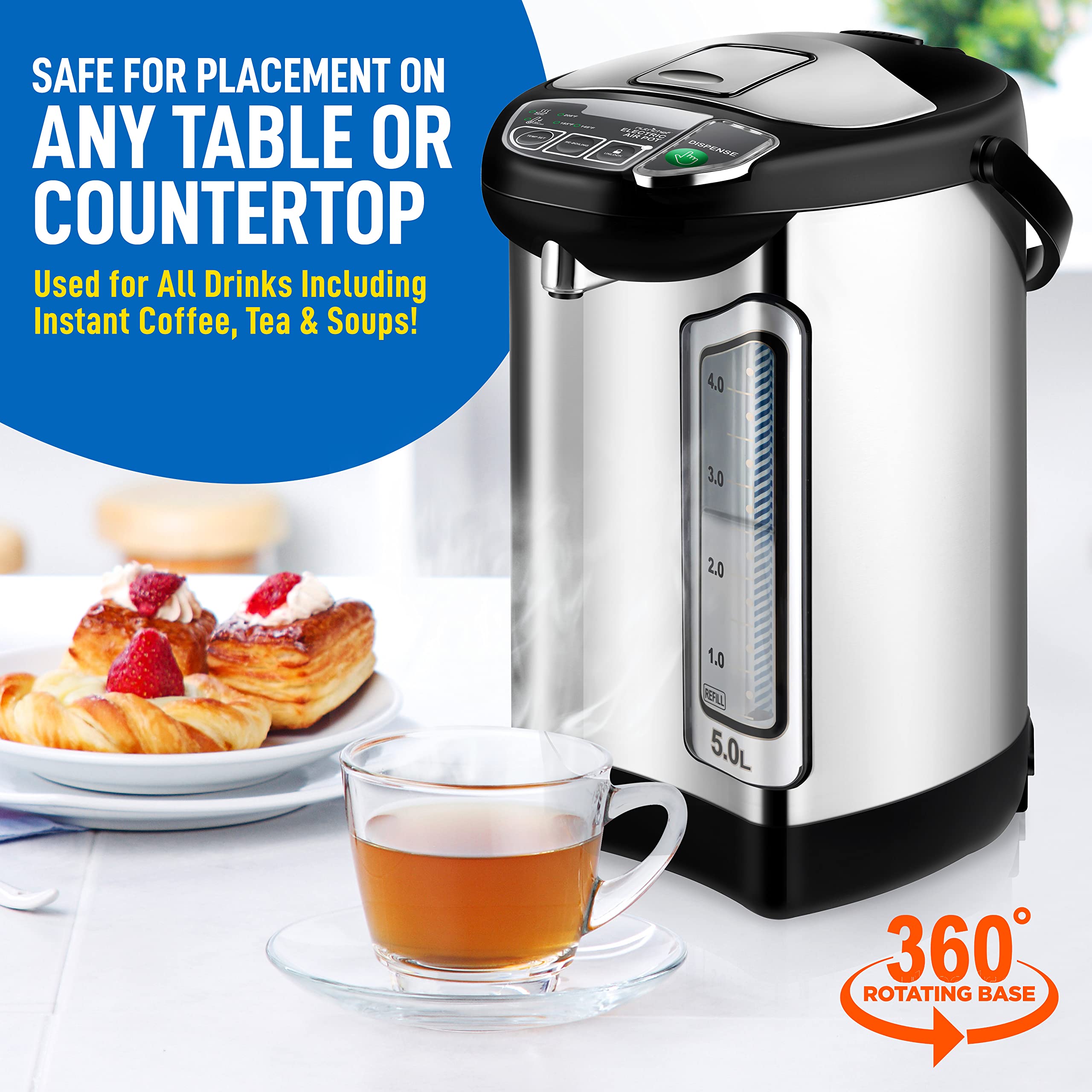 Nutrichef Electric Water Boiler And Warmer - 5L/5.28 Qt Stainless Steel Hot Water Dispenser W/Rotating Base, Keep Warm Temperatu