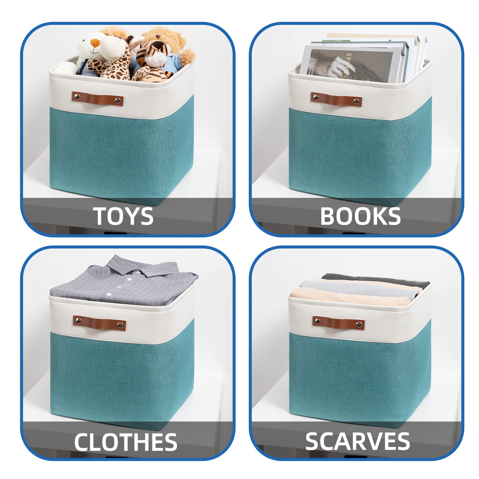 Temary Fabric Storage Cubes 13x13 Storage Baskets for Organizing  Large Fabric Storage Bins with Handles Cube Storage Baskets for Storage Clothes  Toys  Books (White&Teal)