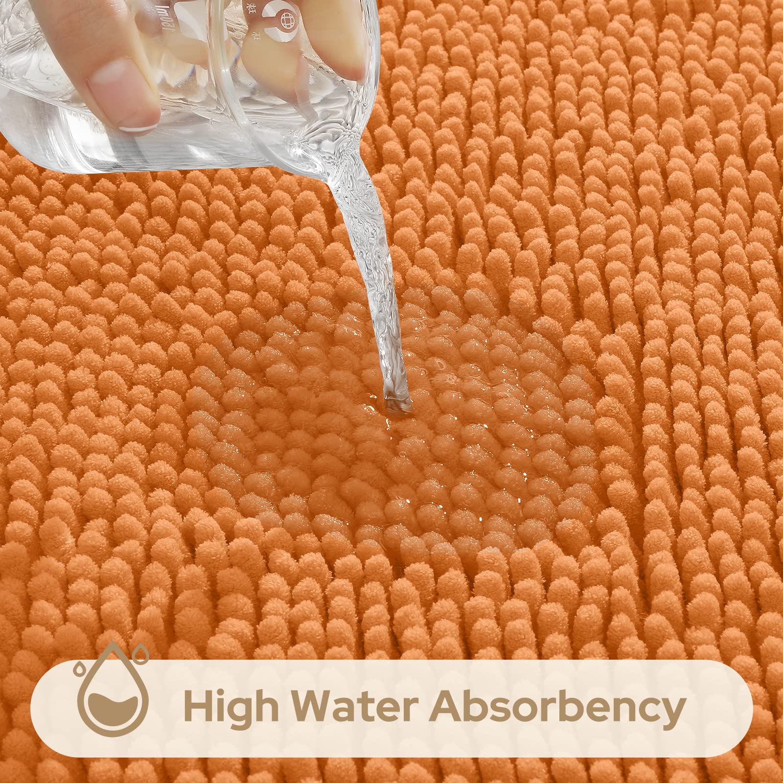 HOMEIDEAS 3 Pieces Bathroom Rugs  Ultra Soft Non Slip Absorbent Chenille Toilet Bath Mat Set (Orange)