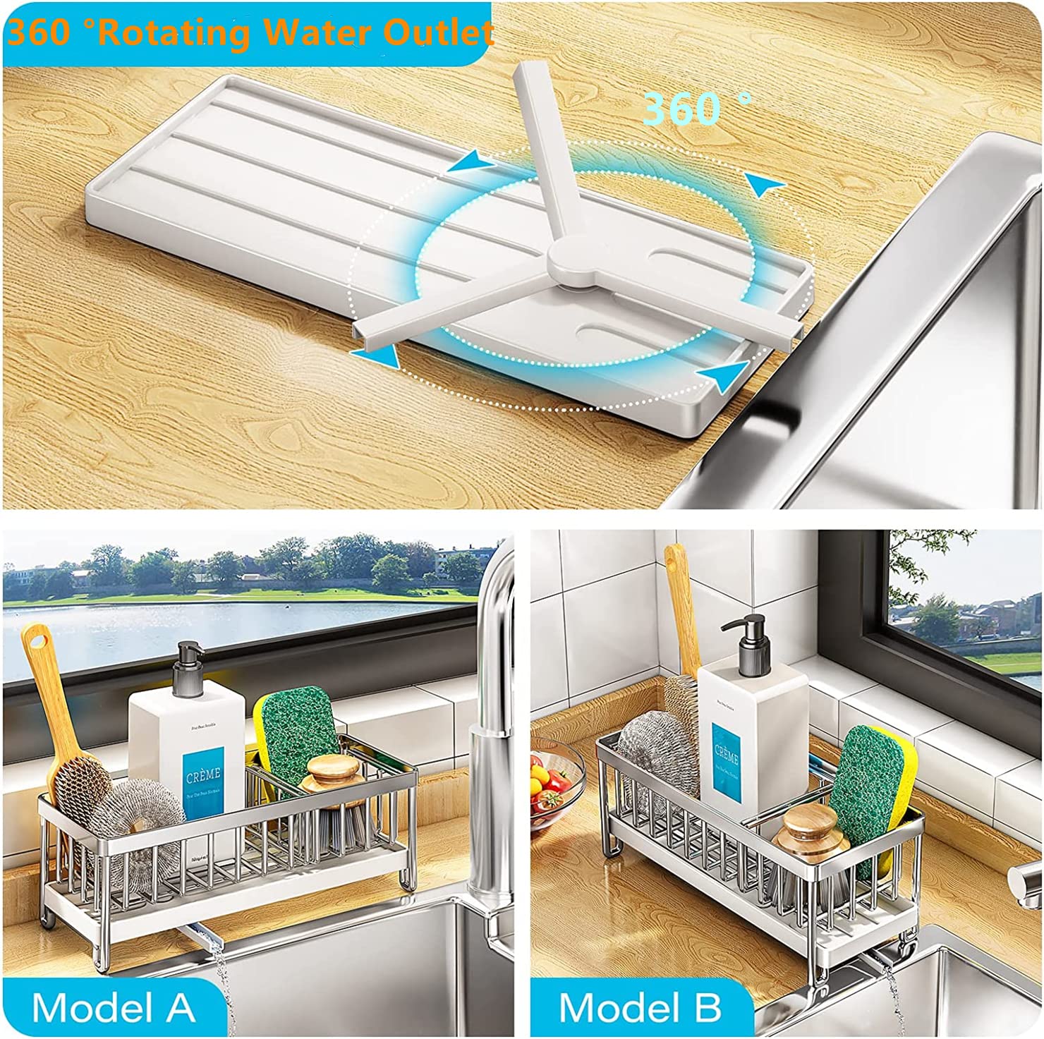 JYFKINN Kitchen Sink Sponge Holder  Kitchen Sink Caddy 304 Stainless Sponge Holder for Kitchen Sink Sponge Organizer with Divider Diversion Drainage  Dish Soap Dispenser Brush Holder Storage