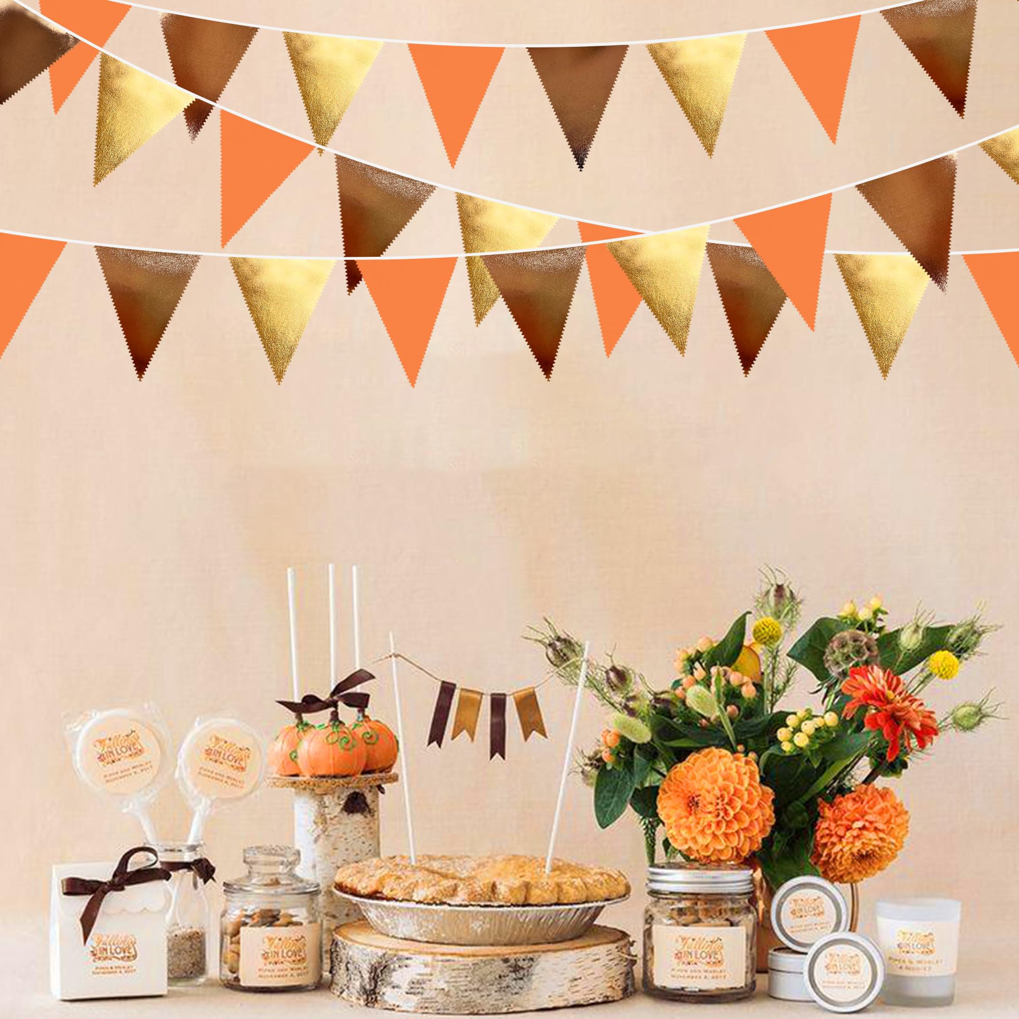 Fall Party Decorations Orange Gold Brown Metallic Fabric Triangle Pennant Banner Flag Bunting Garland For Autumn Fall Thanksgivi