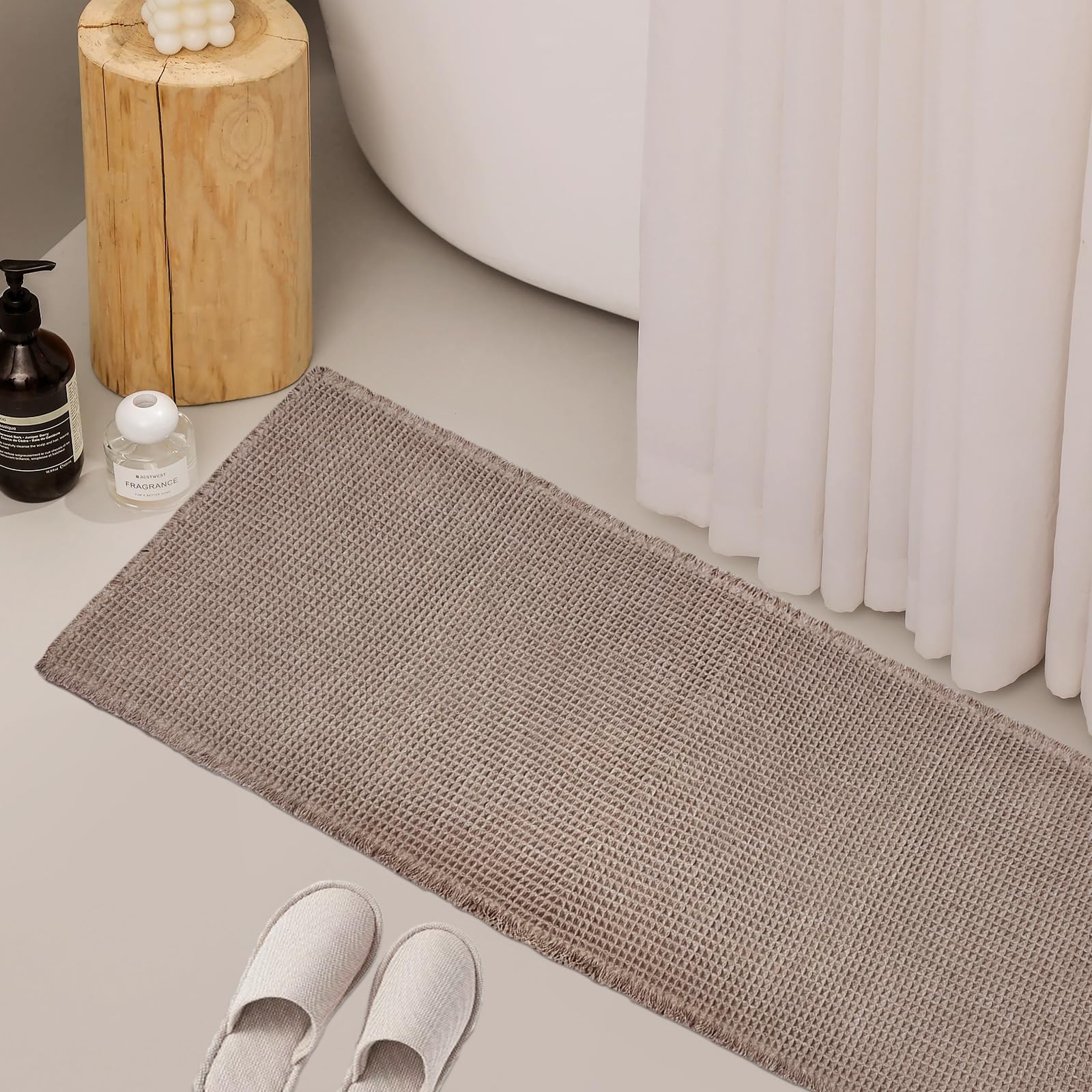 Zall Tan Waffle Bath Mat,Super Absorbent Non Slip Long Bathroom Runner Rug,Brown 24X72Inch,Machine Washable Ultra Soft Floor Mat