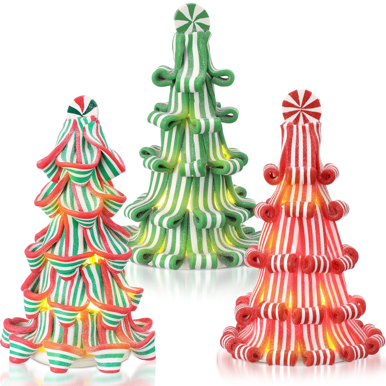 Suzile 3 Pcs Christmas Ribbon Candy Tree Tabletop Decor 7 Inches Mini Light up Resin Clay Peppermint Tree for xmas Home Table Ma