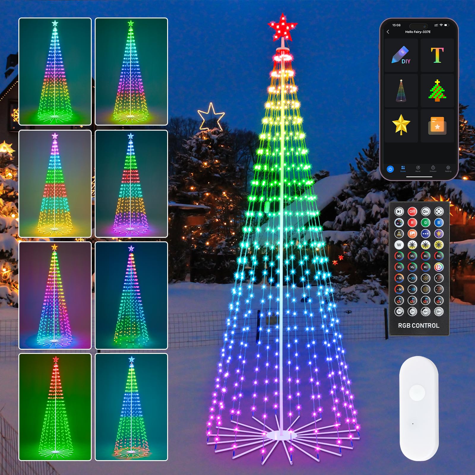 HOLILLUMA 9FT Outdoor Christmas Tree, RGB Color Changing Pre-lit Smart Cone Christmas Tree with LED Lights, App&Remote Control, 