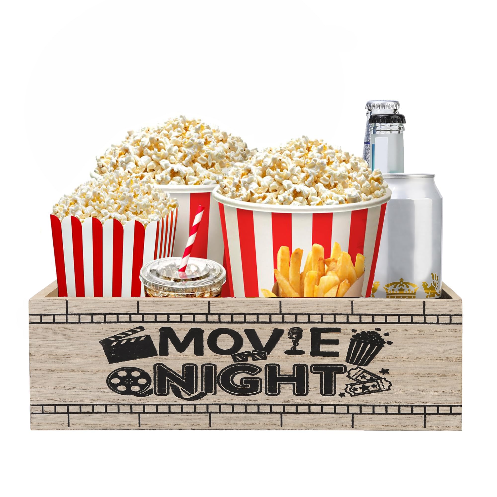 ZQUDBF Wooden Movie Night Snack Tray with Handles - Reusable Popcorn Bucket Organizer for Theater Room Decor - Sturdy Gift Baske