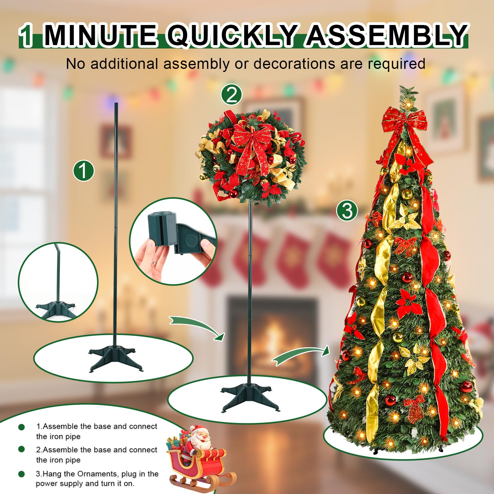 7ft Pop Up Prelit Artificial Christmas Tree with Remote Control, Collapsible Christmas Tree Pre-Decorated Red&Gold Decorations,