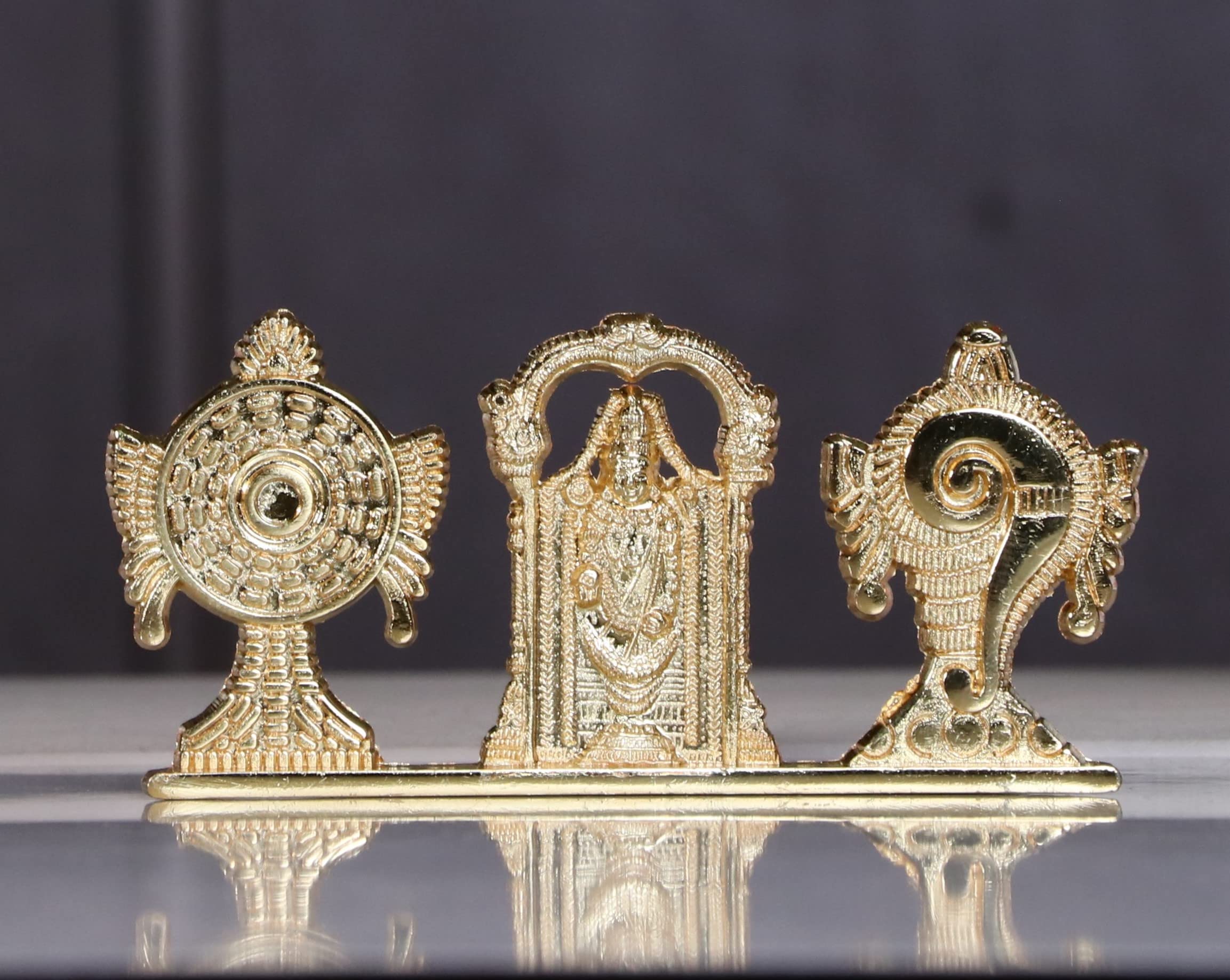 Kridaykraft Tirupati Balaji Symbol Stand Shankh Chakra With Balaji Statue Gold Plating Antique Decorative For Car Dashboard Home