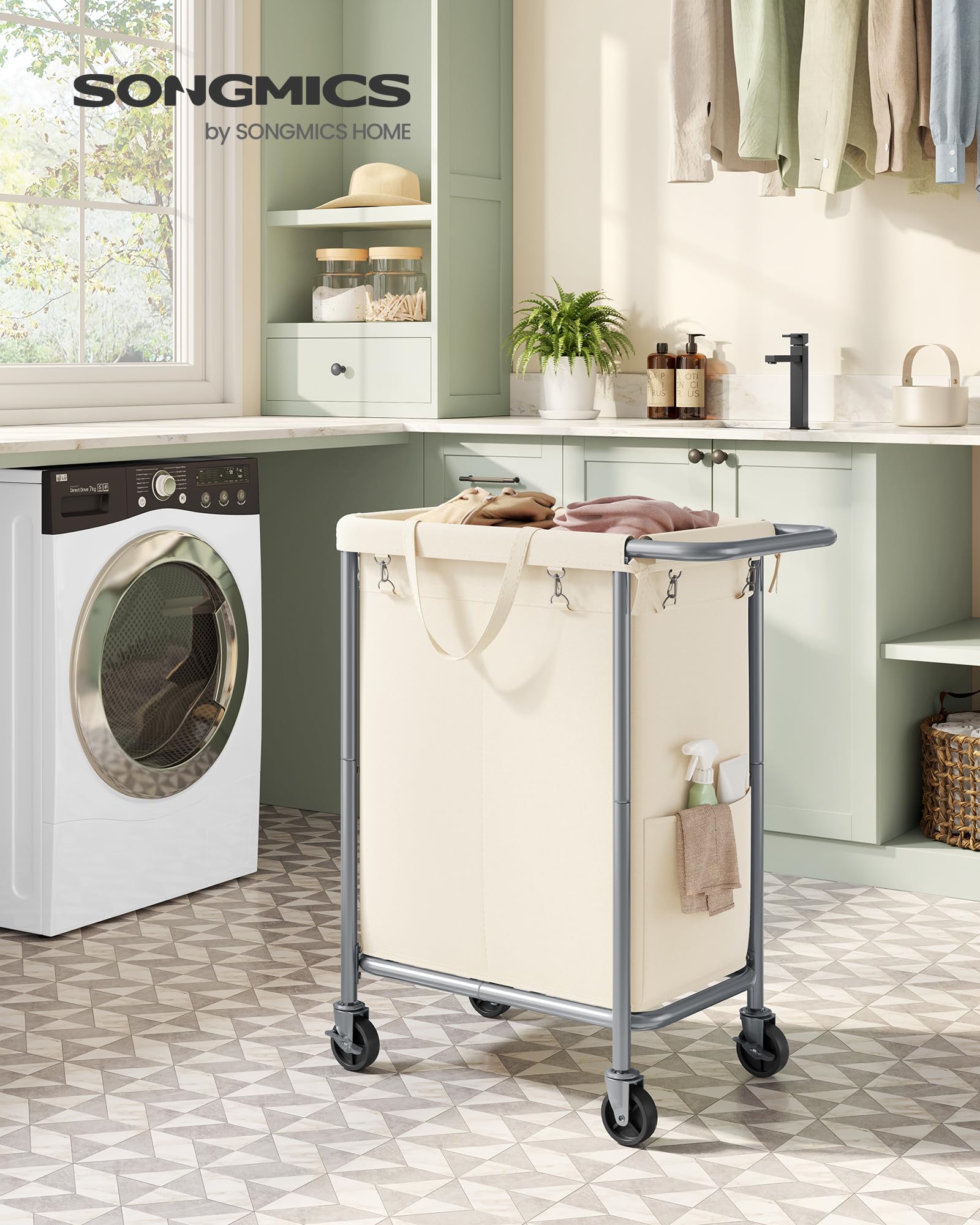 Songmics Laundry Basket With Wheels, 2-Section Rolling Laundry Hamper, 37 Gallons (140L), Removable Liner, Steel Frame With Hand