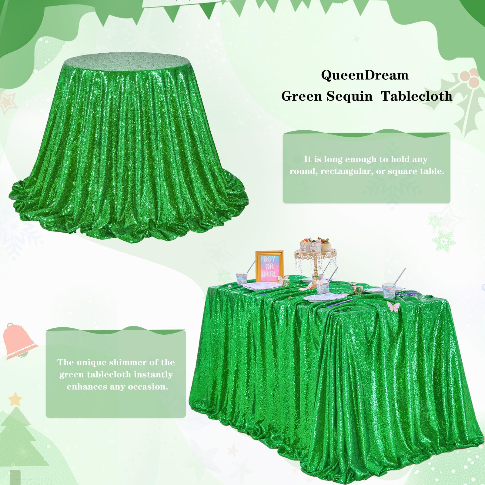 Queendream 60X102 Inches Green Table Clothes For Parties Birthday Wedding Sequin Tablecloth Cake Table Holiday Banquet Decoratio