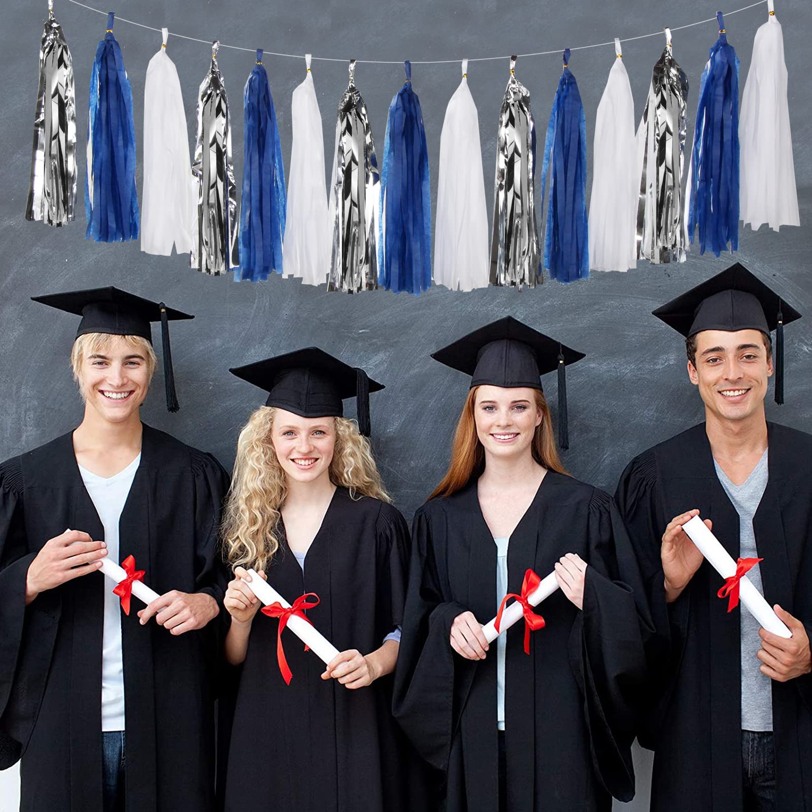 Navy-Blue White-Silver Tassel Garland Streamers - 15pcs Party Decorations Tissue Paper Tassels Banner,Graduation 2025 Wedding Ba