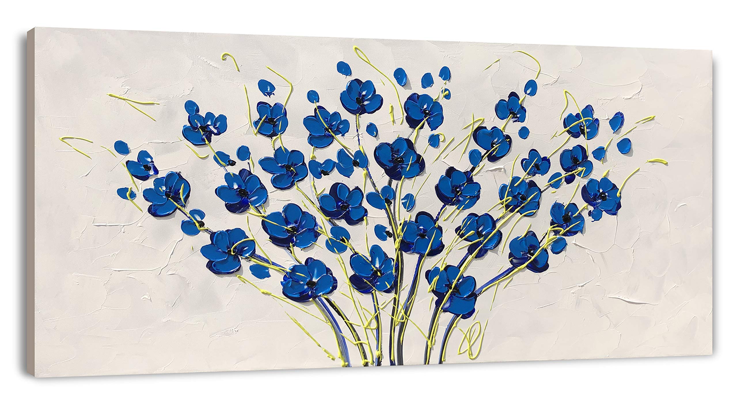 Yihui Arts Blue Flower Canvas Wall Art Painting Pictures Modern 3D Effect Artwork With Framed For Office Decor