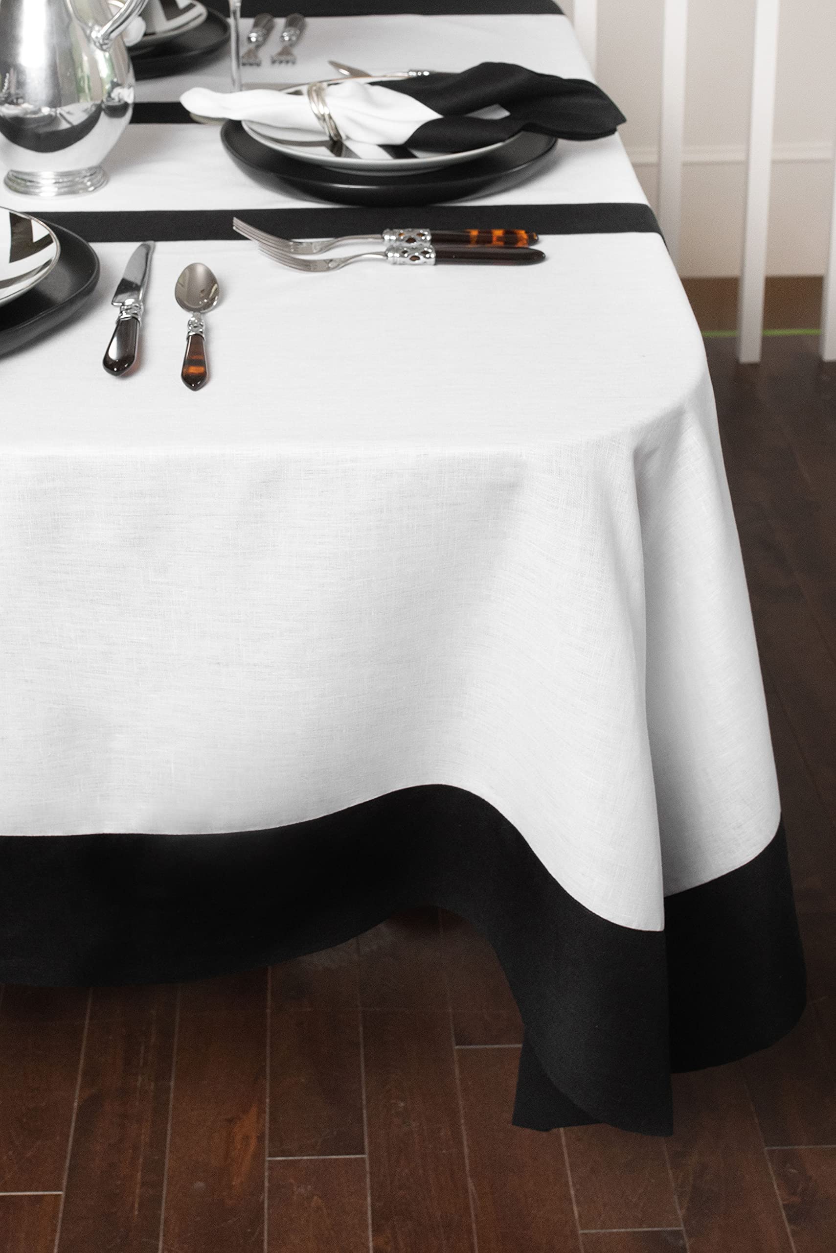 Solino Home Linen Tablecloth 60 x 90 Inch - 100% Pure Linen Black and White Tablecloth for Spring  Summer  Indoor  Outdoor - Contempo  Handcrafted from European Flax and Machine Washable
