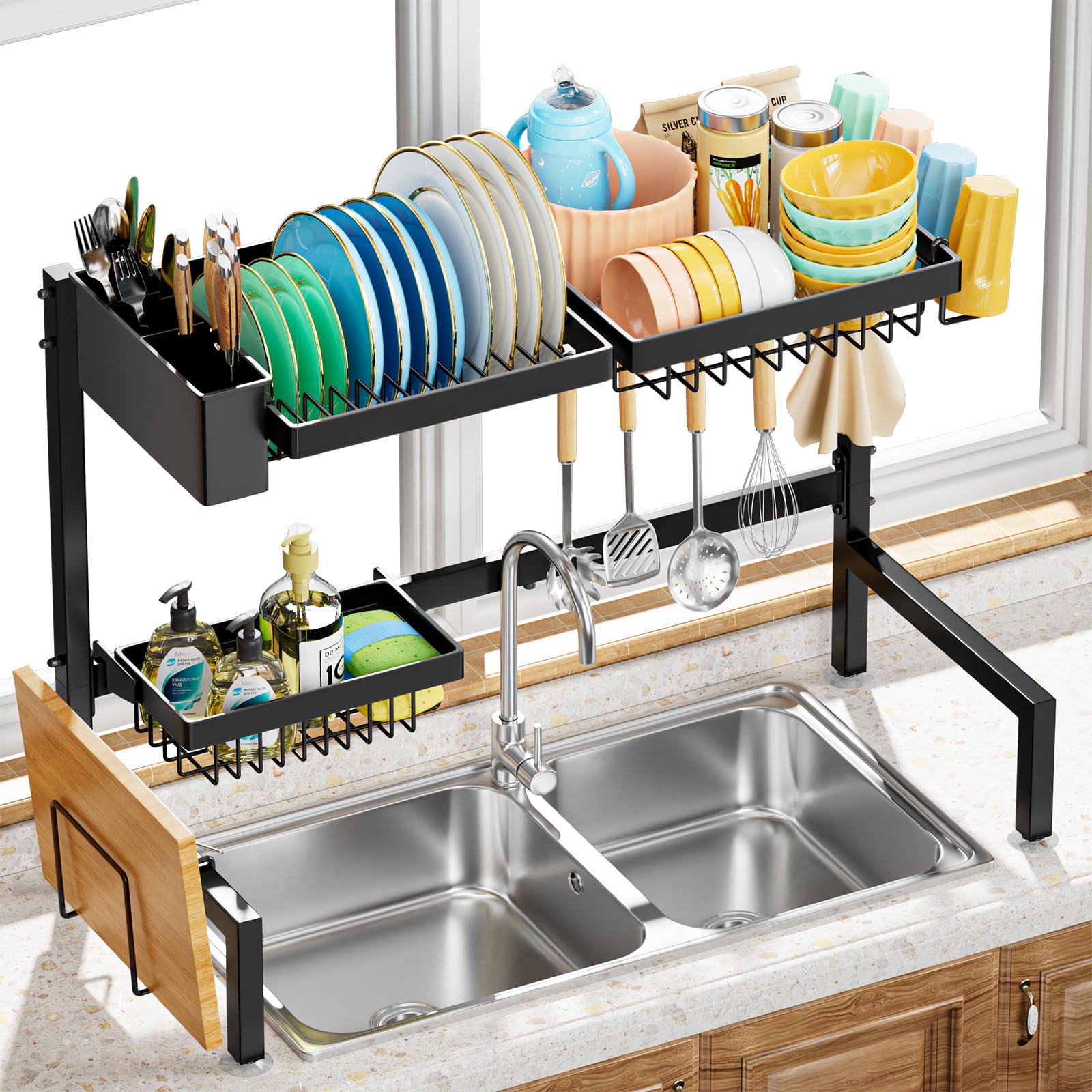 Yklslh Over The Sink Dish Drying Rack 2 Tiers, For All Sinks (24.8-35.4),Expandable Large Capacity Sink Rack, Metal Drying R