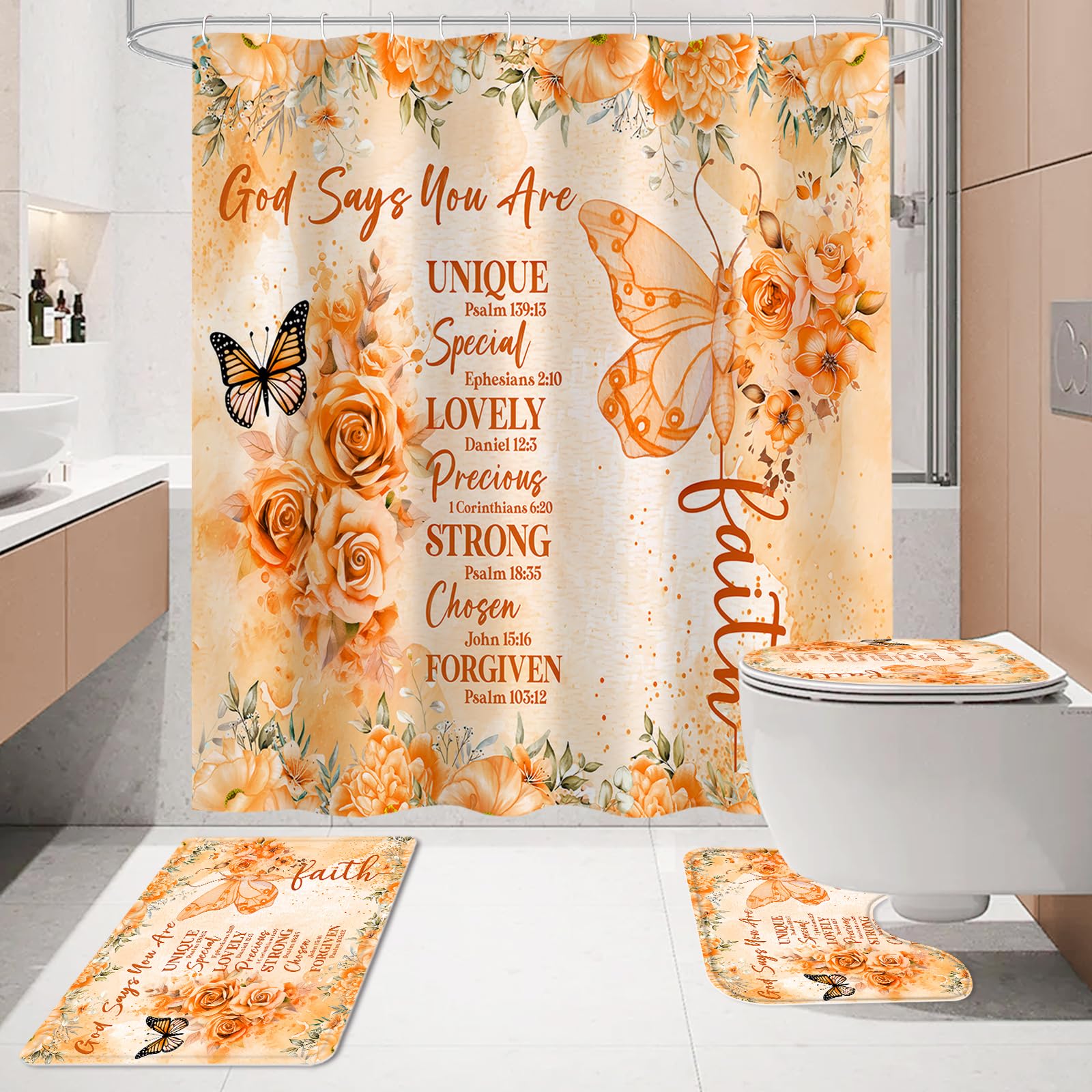 Litabel 4 Pcs Orange Butterfly Inspirational Quotes Shower Curtain Set With Rugs And Toilet Lid Cover, Colorful Boho Waterproof
