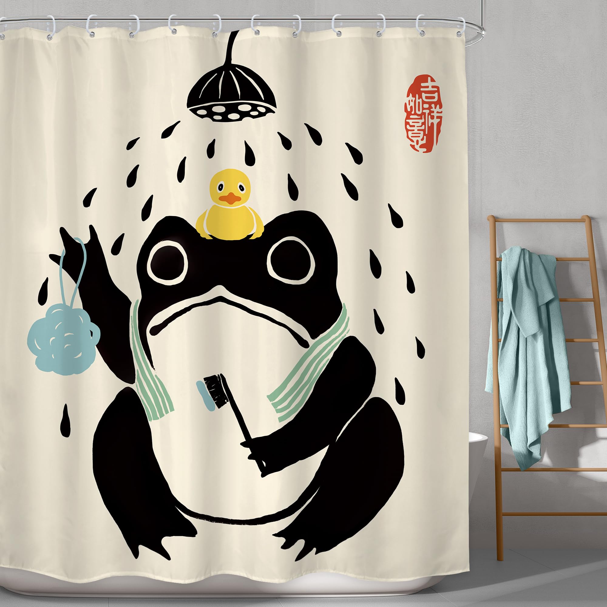 Lghtyro Funny Frog Shower Curtain Bathroom Set 60Wx71H Inches Cute Animal Bath Asian Style Traditional Japanese Art Rubber Duck