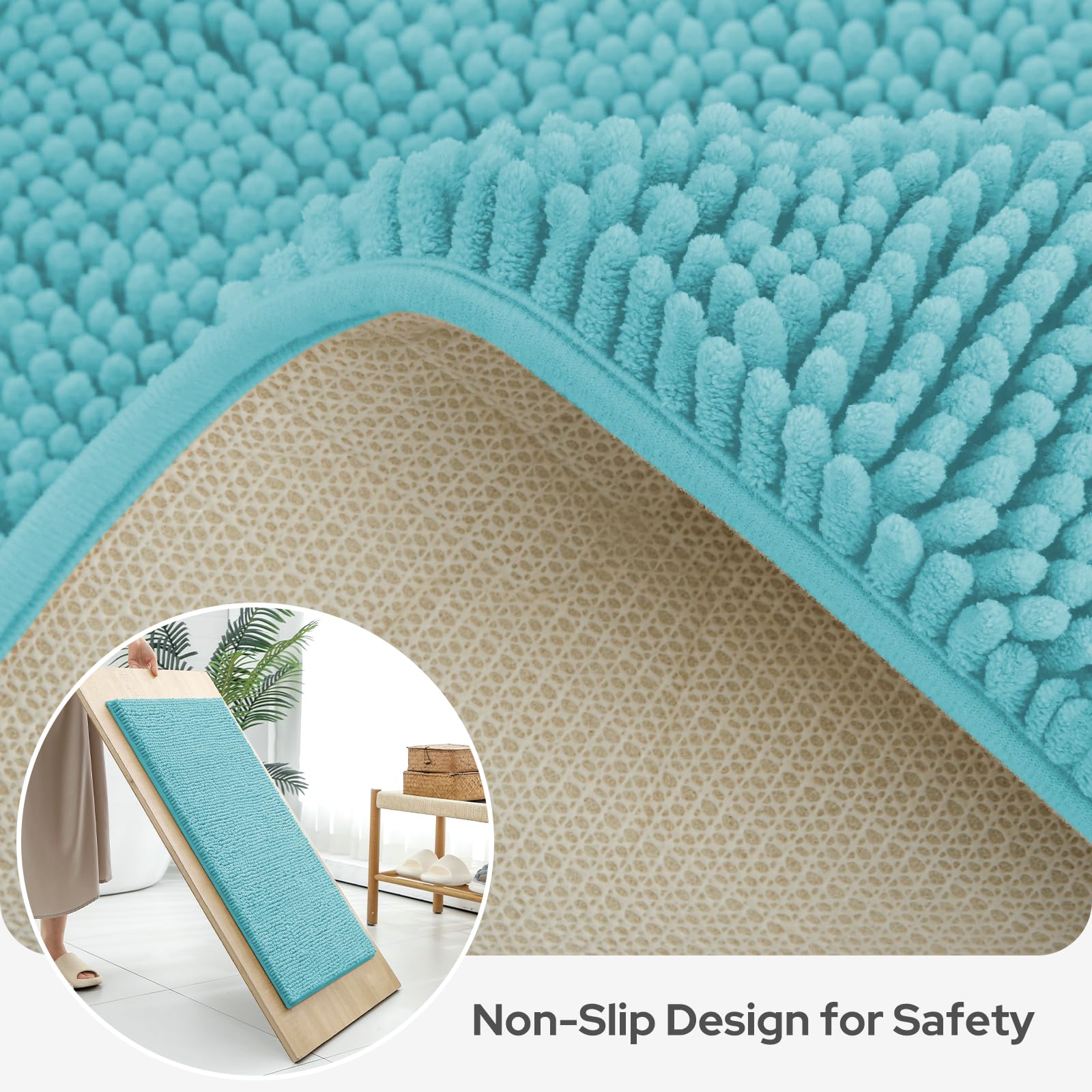 BYSURE Aqua Blue Bathroom Rugs Sets 3 Piece Non Slip Extra Absorbent Plush Chenille Soft Washable Bath Rugs and Mats Set