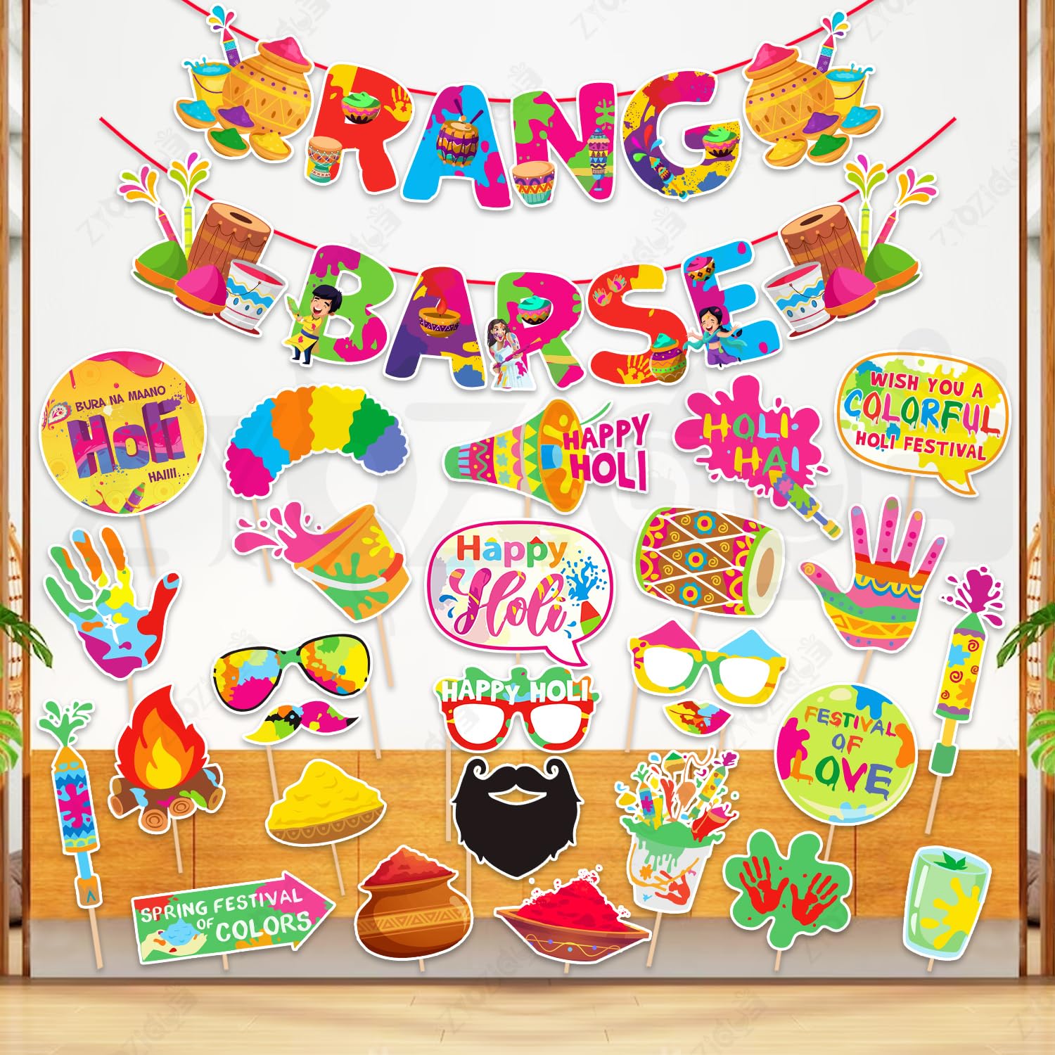 Zyozique Holi Party Decorations Combo, Multicolor Rang Barse Festival Paper Banner with Photo Booth Props Cutouts, Doljatra Deco
