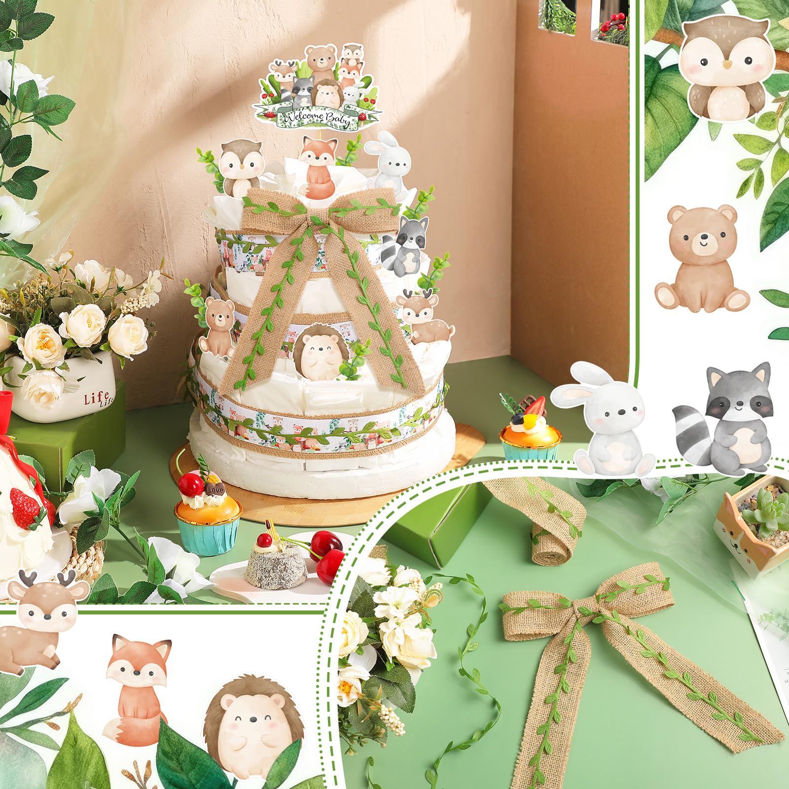 MotiMind Woodland Baby Shower Decorations DIY Diaper Cake Kit with Neutral Forest Animal Burlap Sage Green Leaf Ribbon Leaves We