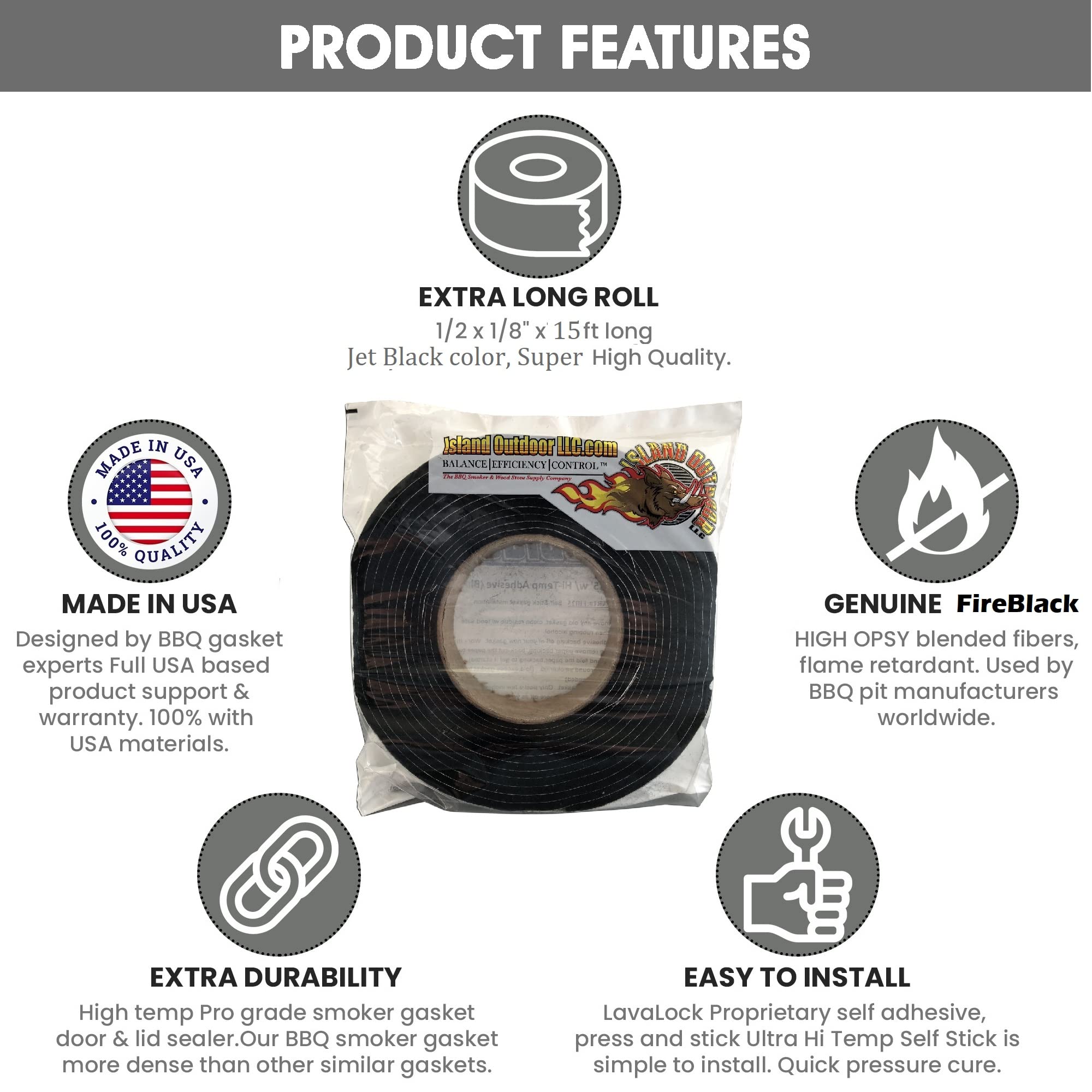 3/4'' x 1/8'' High Temp Barbecue Grill Gasket Smoker Pit Seal  self Stick - Black Color