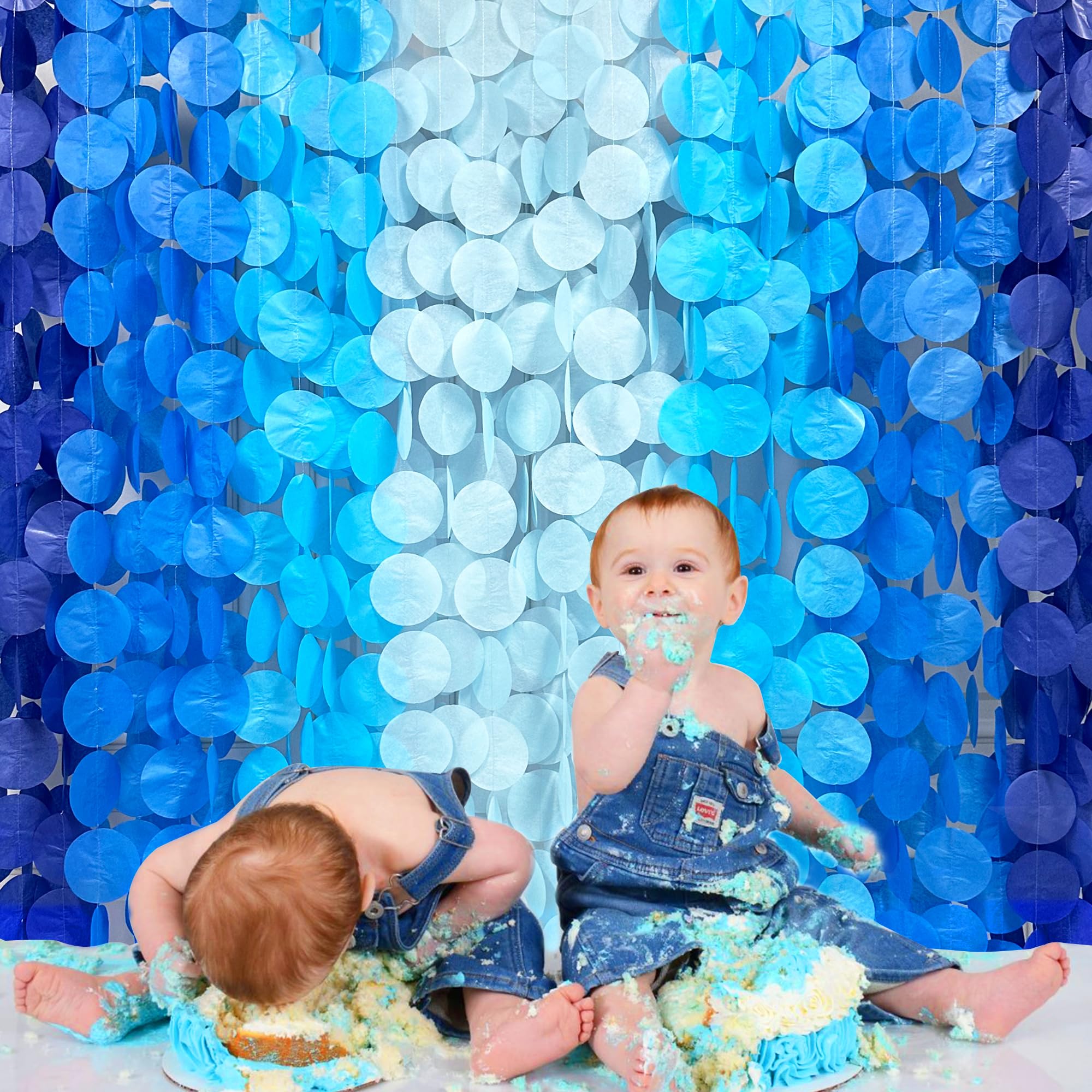205 Ft Blue Party Decorations Ombre Navy Blue Circle Dot Backdrop Streamer Royal Blue Tissue Paper Polka Dot Hanging Garland For