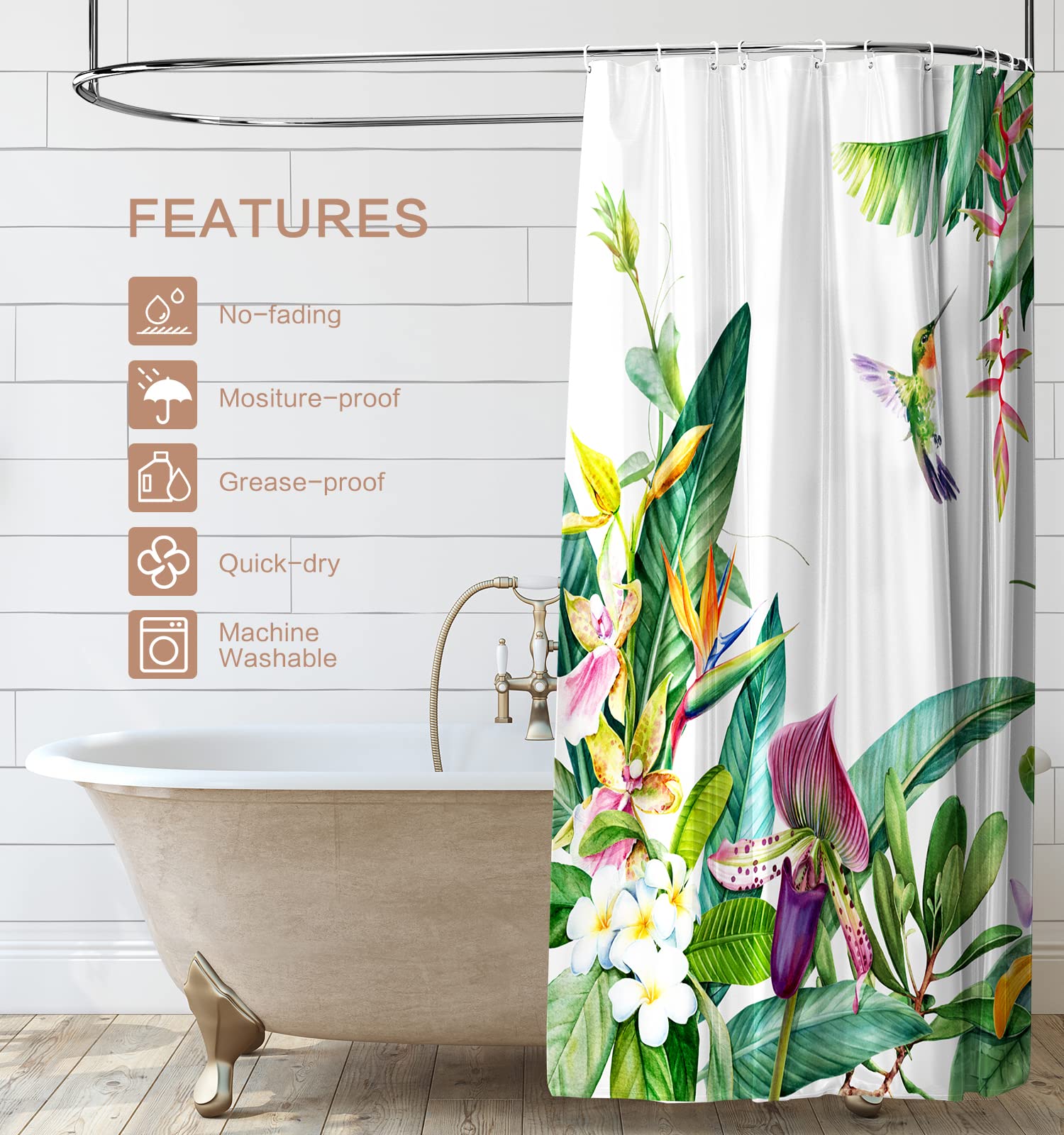 Shower Curtain Green Plants, Hummingbird Shower Curatin Waterproof Polyester Quick-Drying Shower Curtain Set For Bathroom 72X72