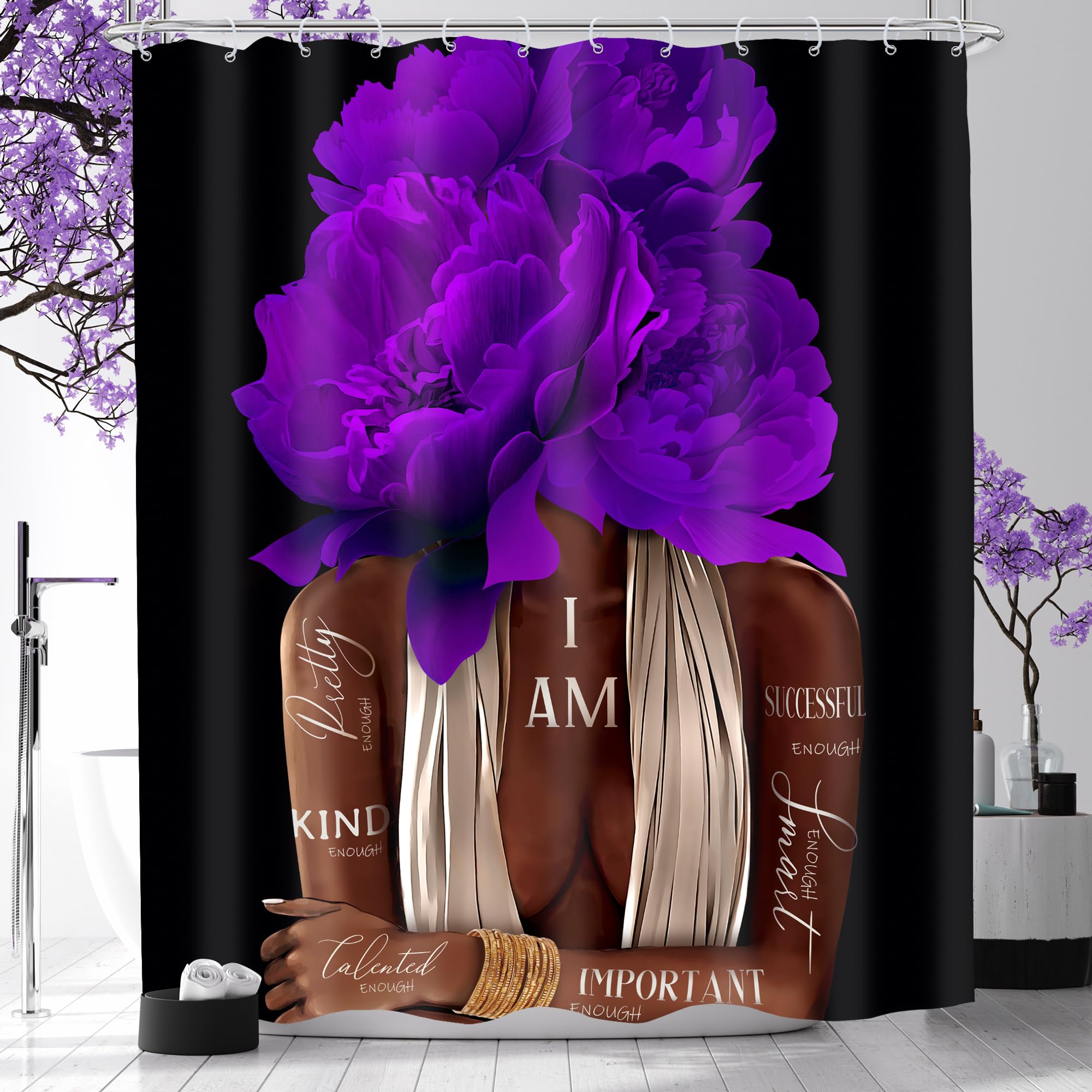 MESHELLY Purple Shower Curtain 72Wx72H African American Woman Peony Flower Bathroom Curtain Black Girl Floral Inspirational Quot