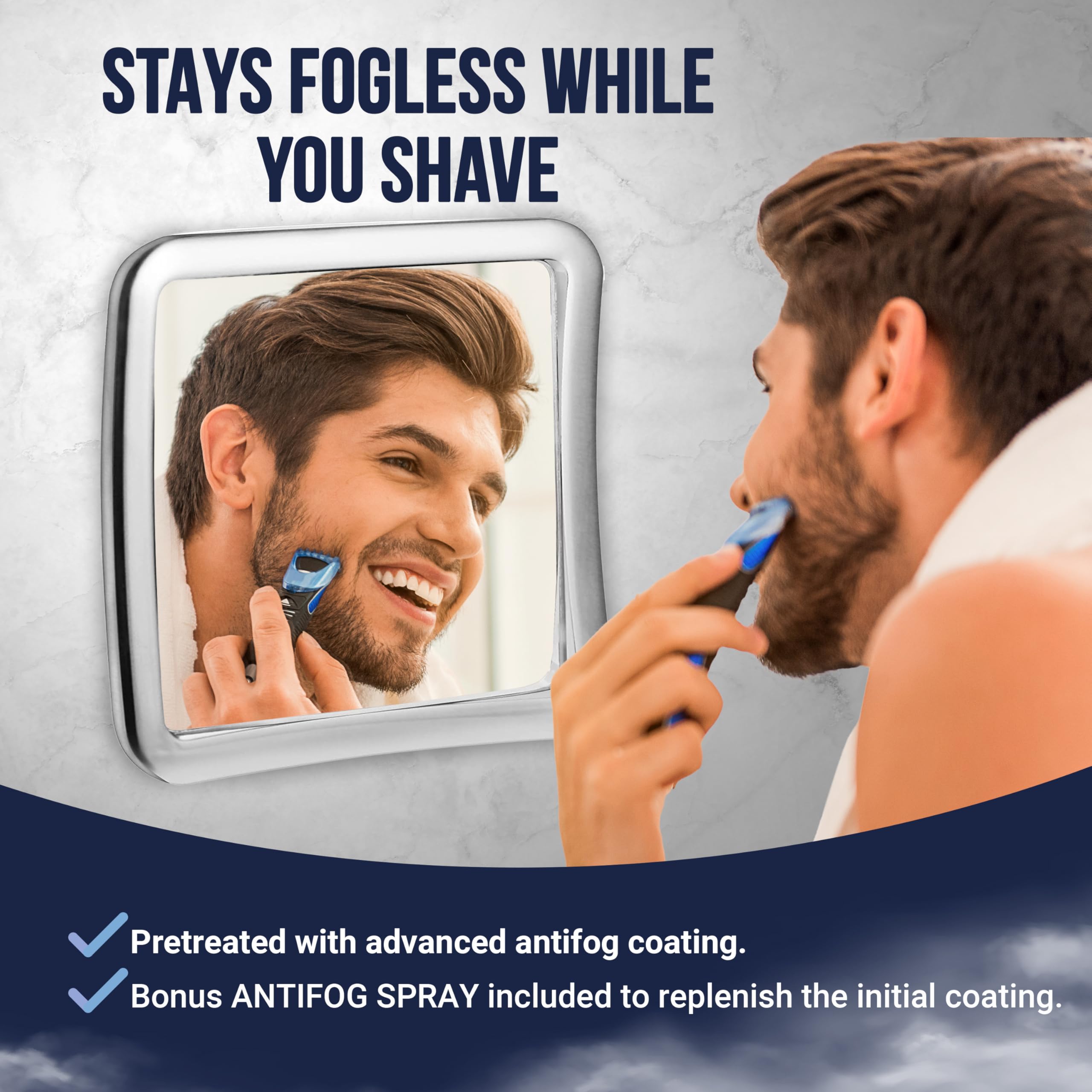 Mirrorvana Fogless Shower Mirror For Shaving With Upgraded Suction-Cup, 1X Magnifying, 6.3 X 6.3 Inch (Chrome Frame, Grey Suctio