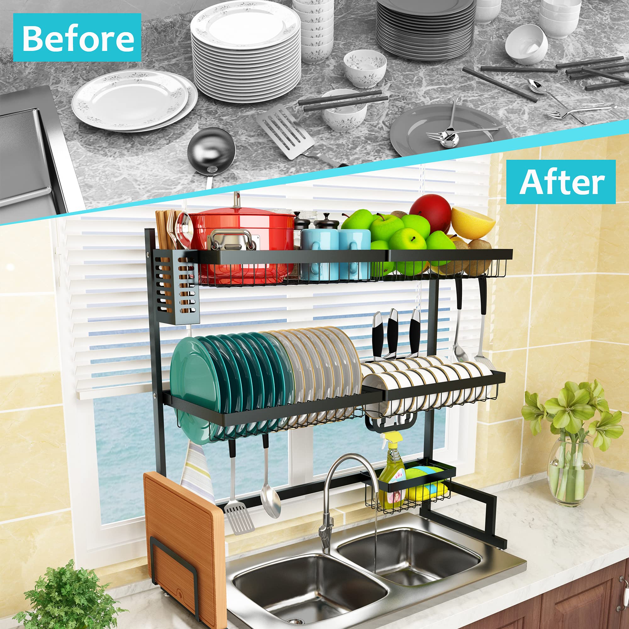 Supfirm Over The Sink Dish Drying Rack, 3 Tier Stainless Steel Adjustable (33''-40'') Large Kitchen Dish Drainers For Home Count