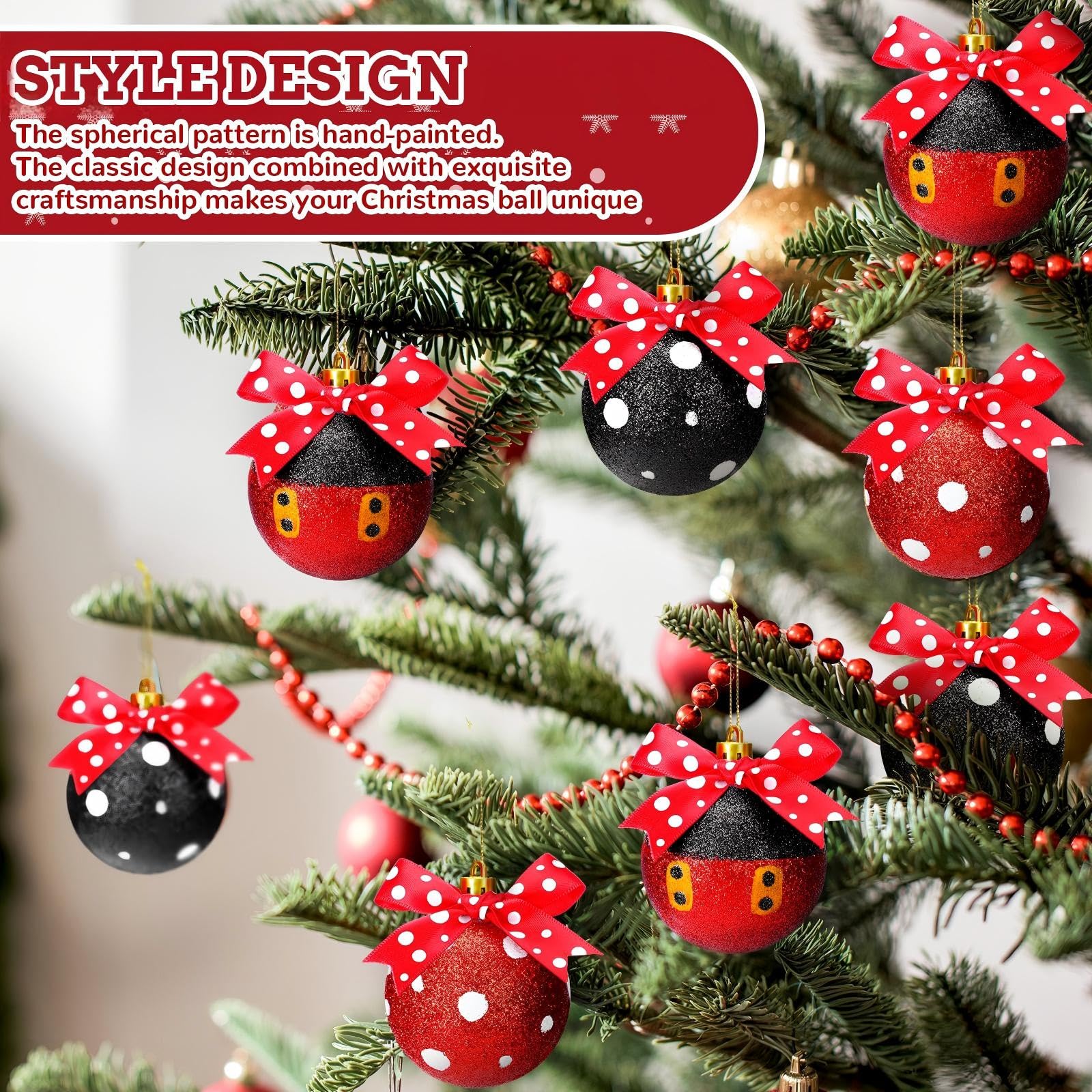 Suncalla 24 Pcs 2.4 Inch Christmas Glitter Ball Ornaments Mouse Plastic Ball with Dot Bow Tree Ornaments Cartoon Mouse Balls Red